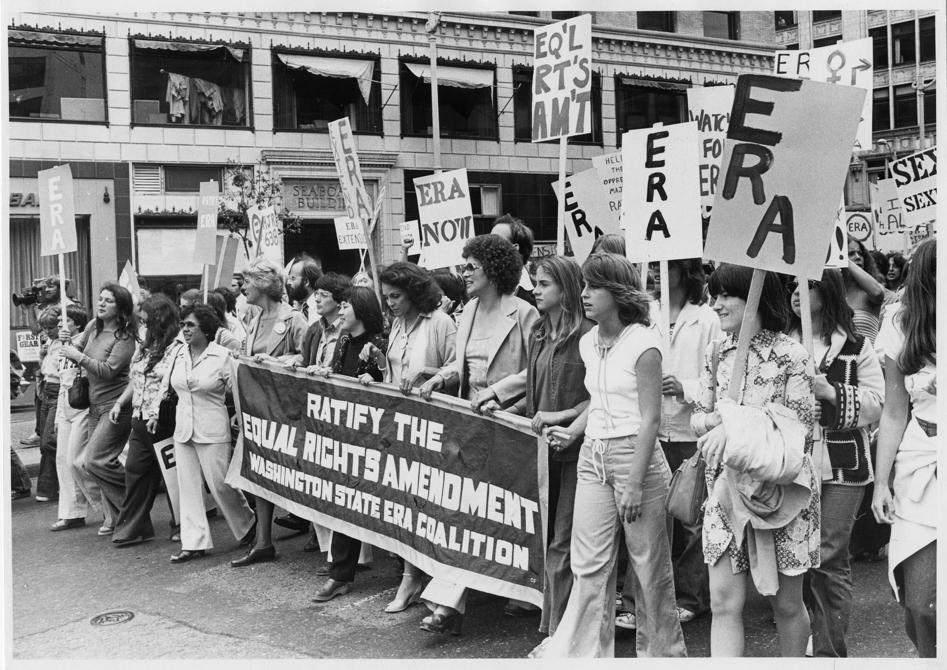 Image of Demonstrators marching with signs supporting the ERA, Seattle, July 8, 1978