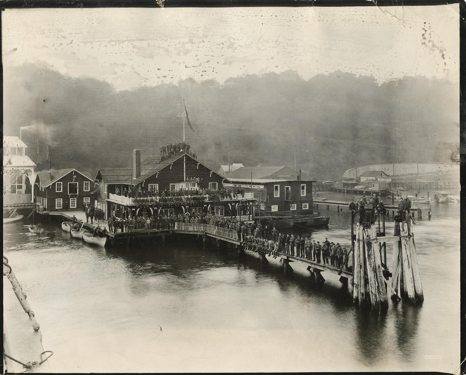 Image of Servicemen posing at naval training station, West Seattle, circa 1919