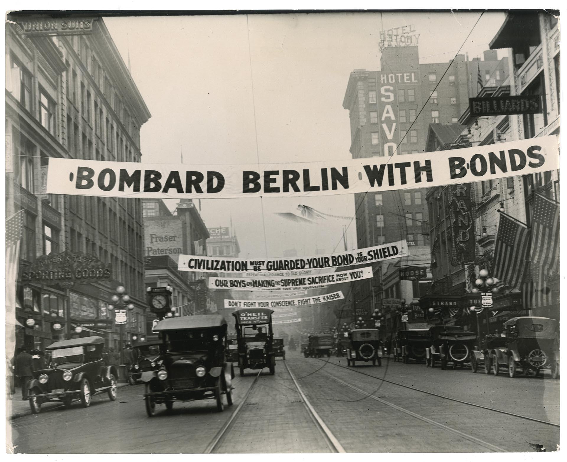 Image of Bonds banners across Second Ave., Seattle, October 1, 1918