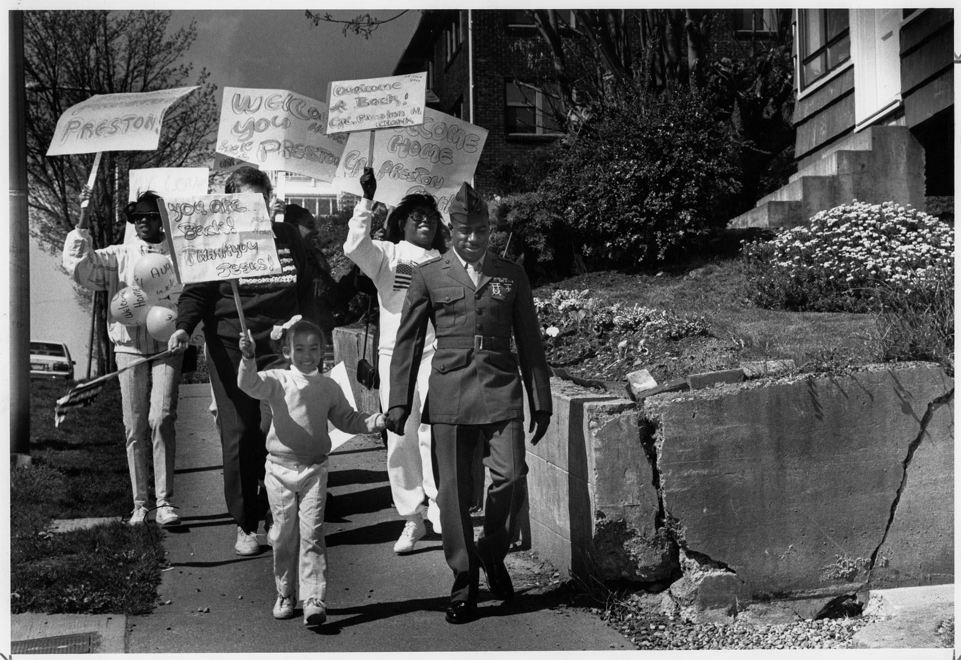 Image of Preston Clark leading his welcome home parade, Seattle, April 11, 1991
