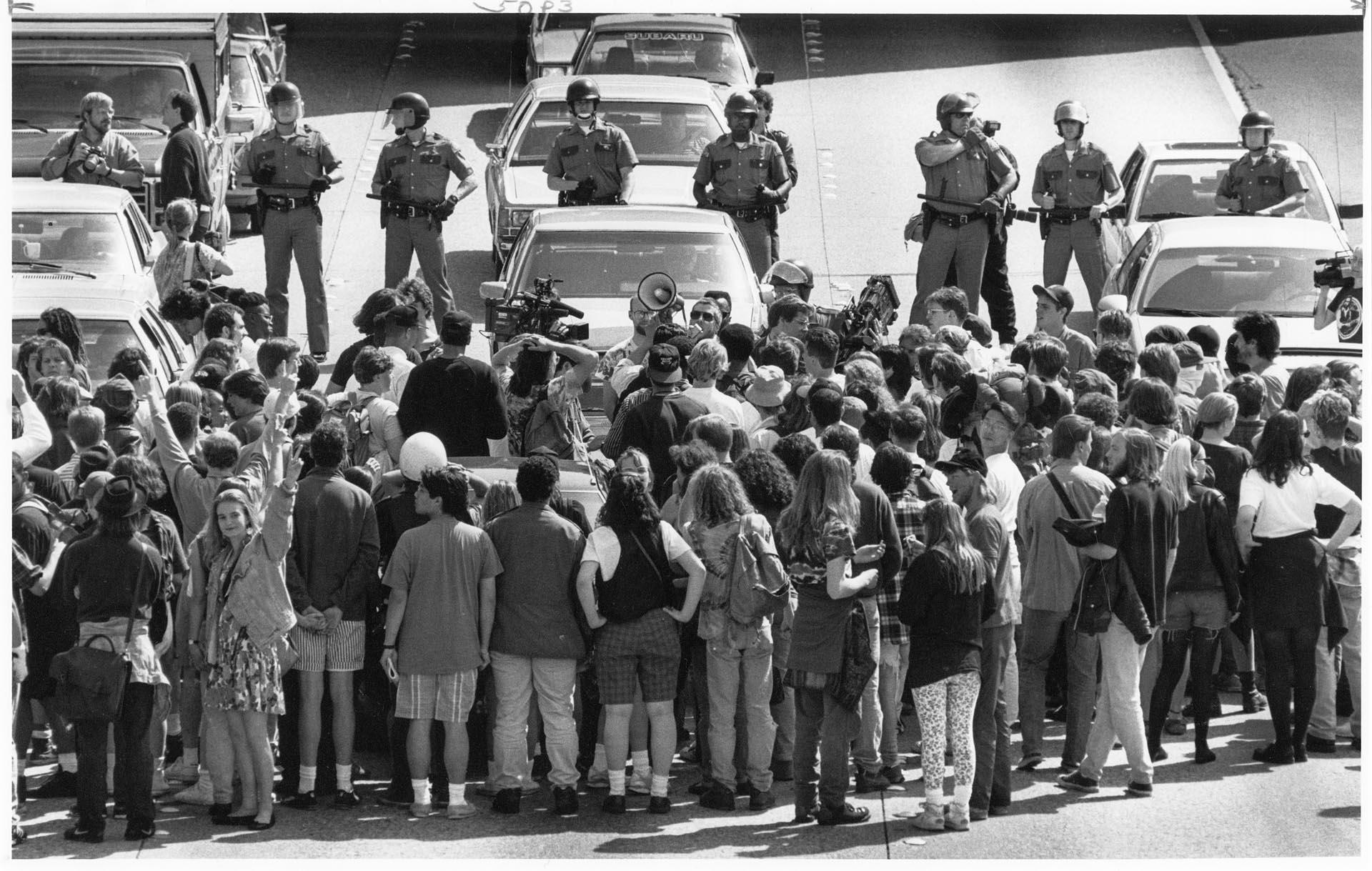 Image of Protesters blocking I-5 after Rodney King verdict, Seattle, May 1, 1992
