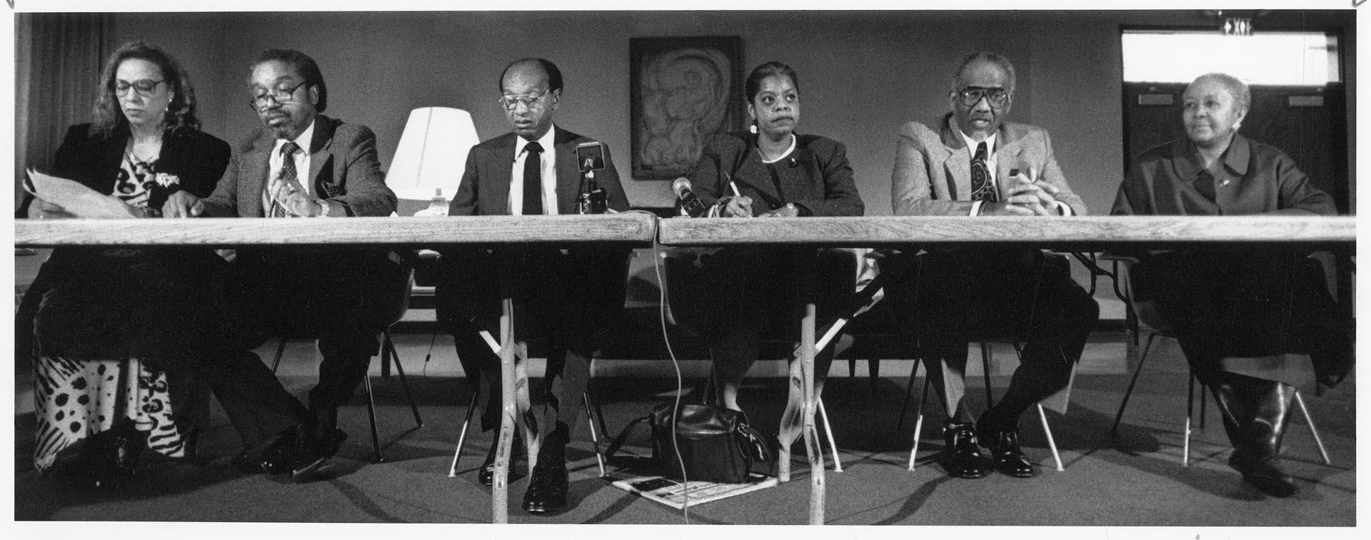 Image of Black community leaders at press conference about Seattle Schools, January 31, 1991