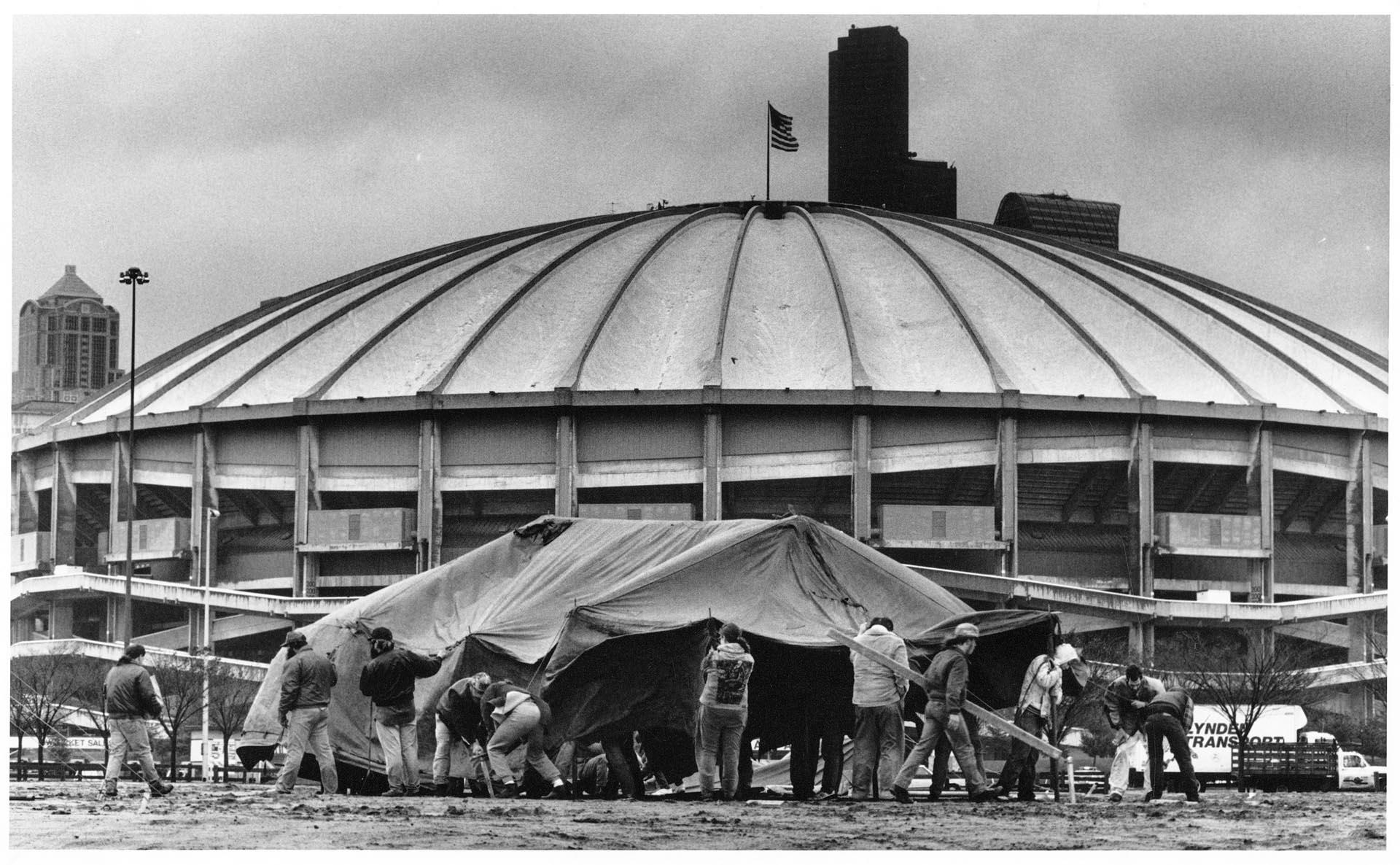 Image of Group building Tent City near Kingdome, Seattle, November 21, 1990