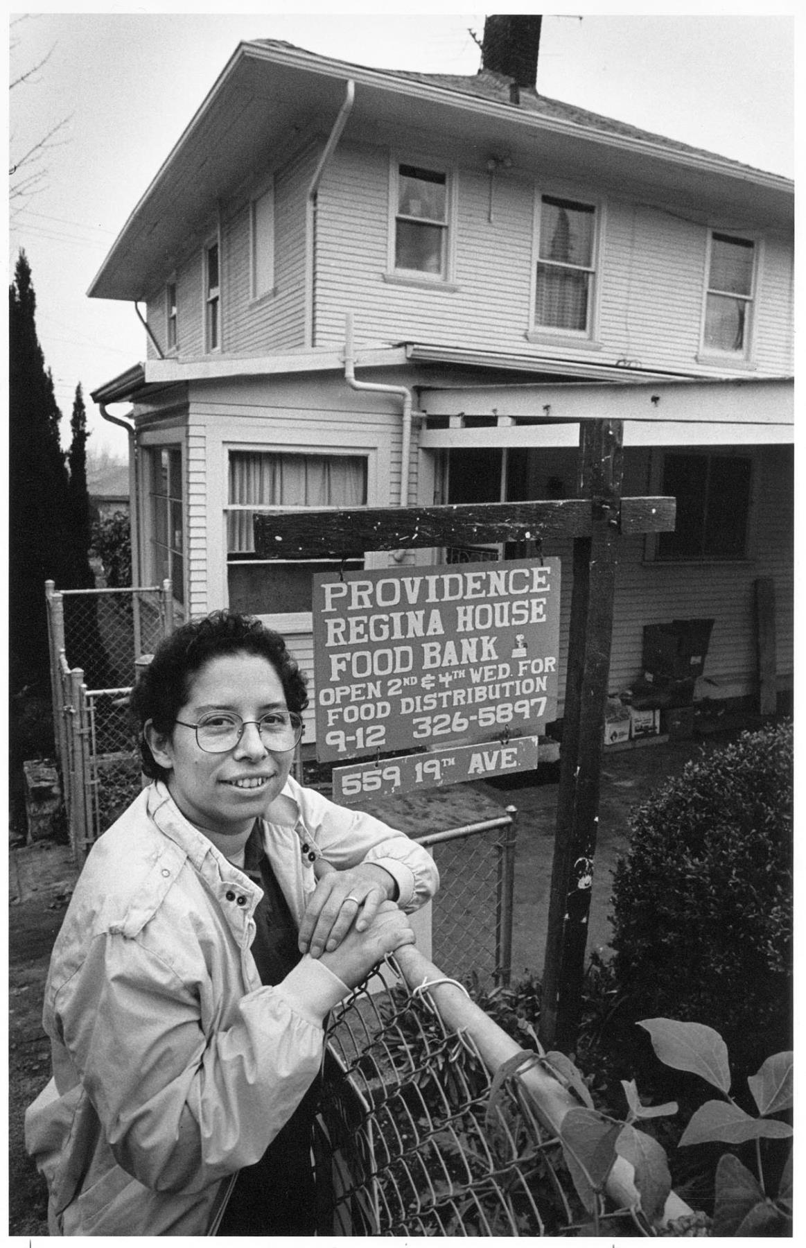 Image of Beatrice LaFramboise outside Providence Regina House food bank, Seattle, November 4, 1986