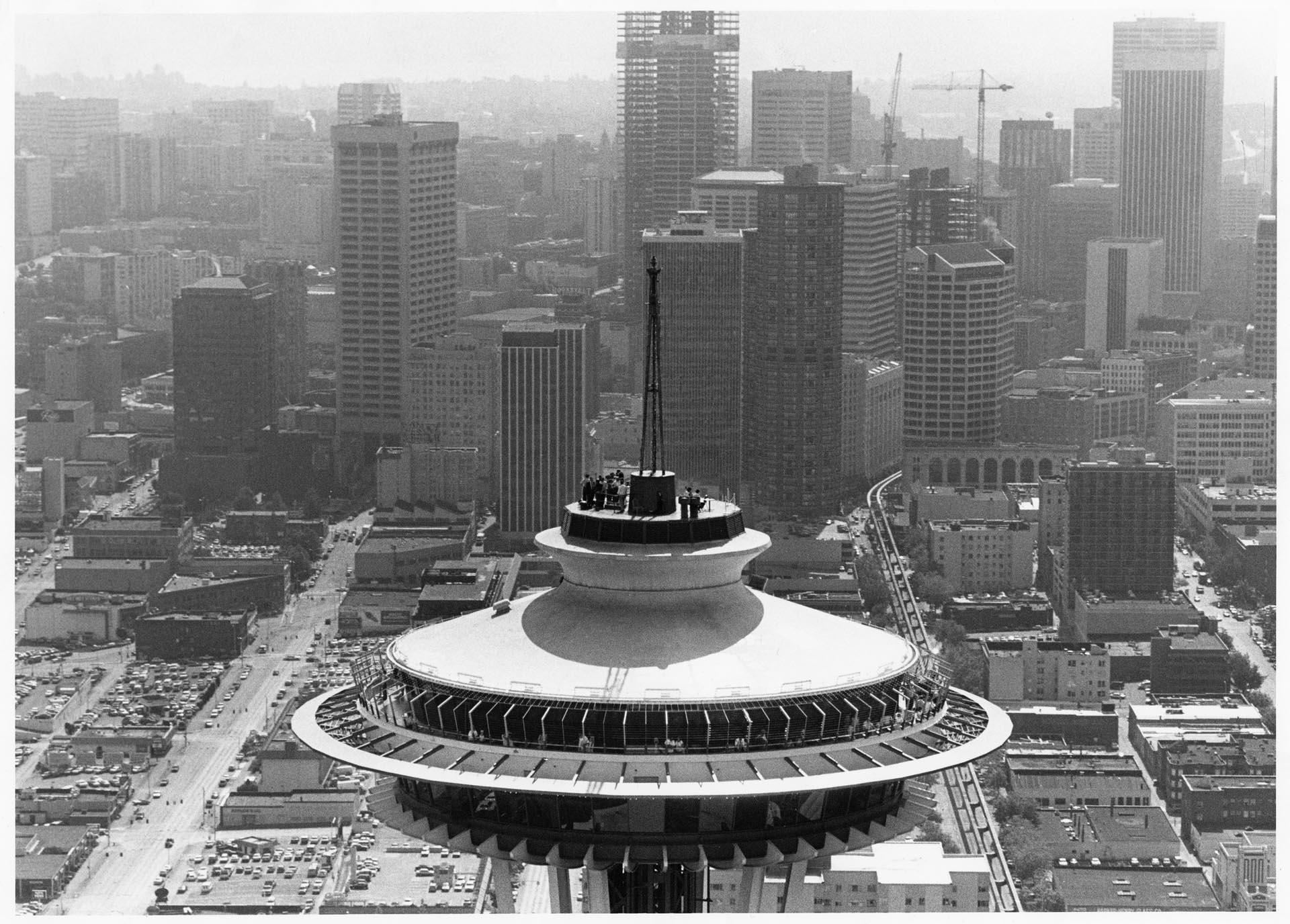 Image of Musicians performing atop Space Needle, Seattle, August 26, 1988