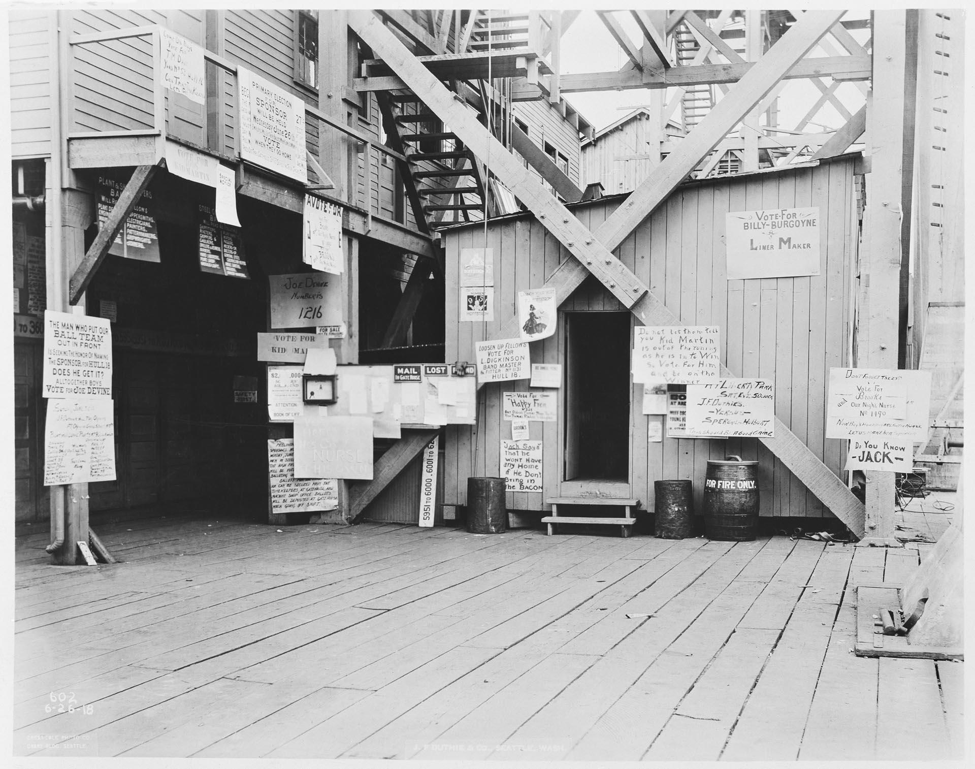Image of Campaign posters at Duthie shipyard, Seattle, June 26, 1918
