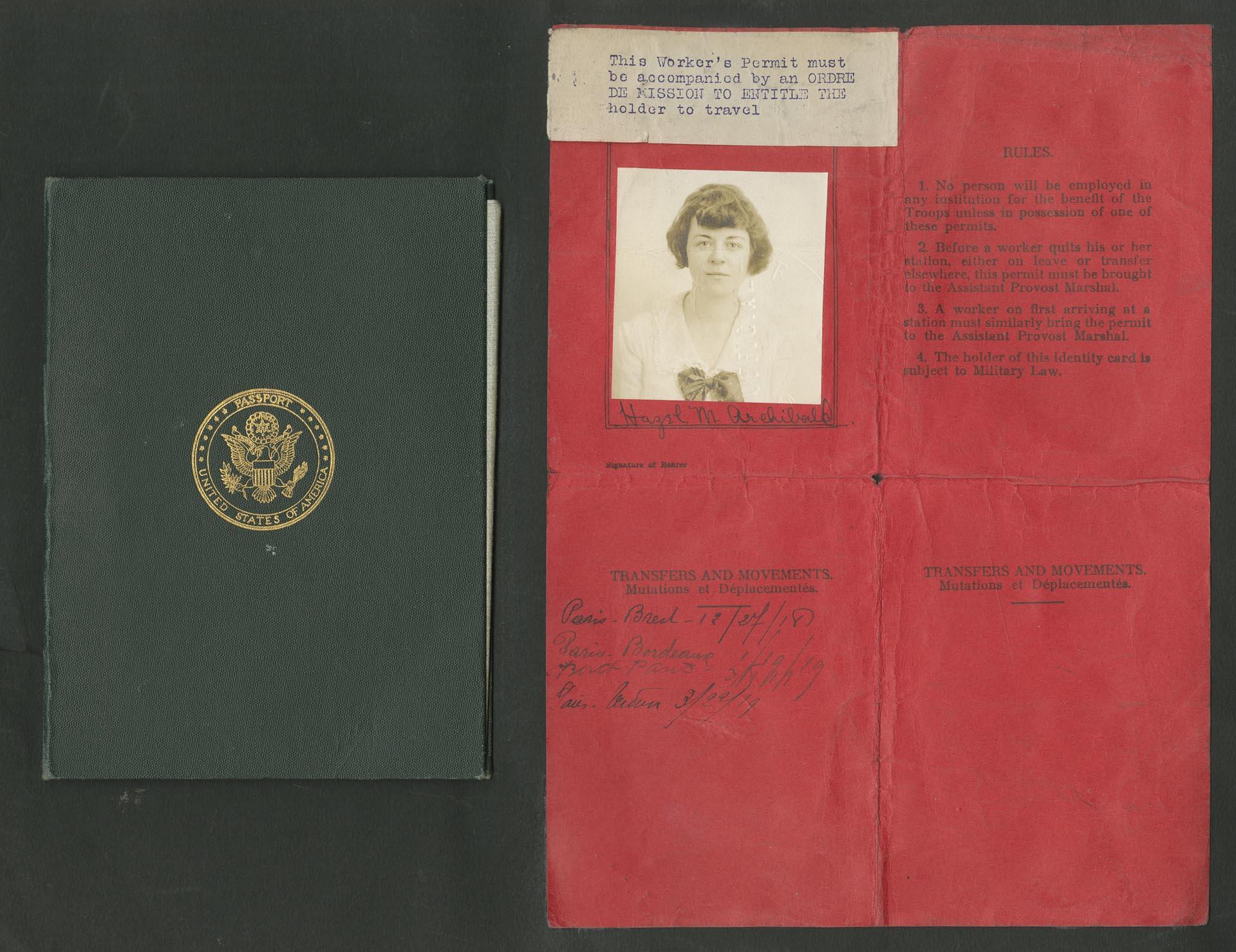 Image of Hazel Archibald's passport and permit, circa 1919