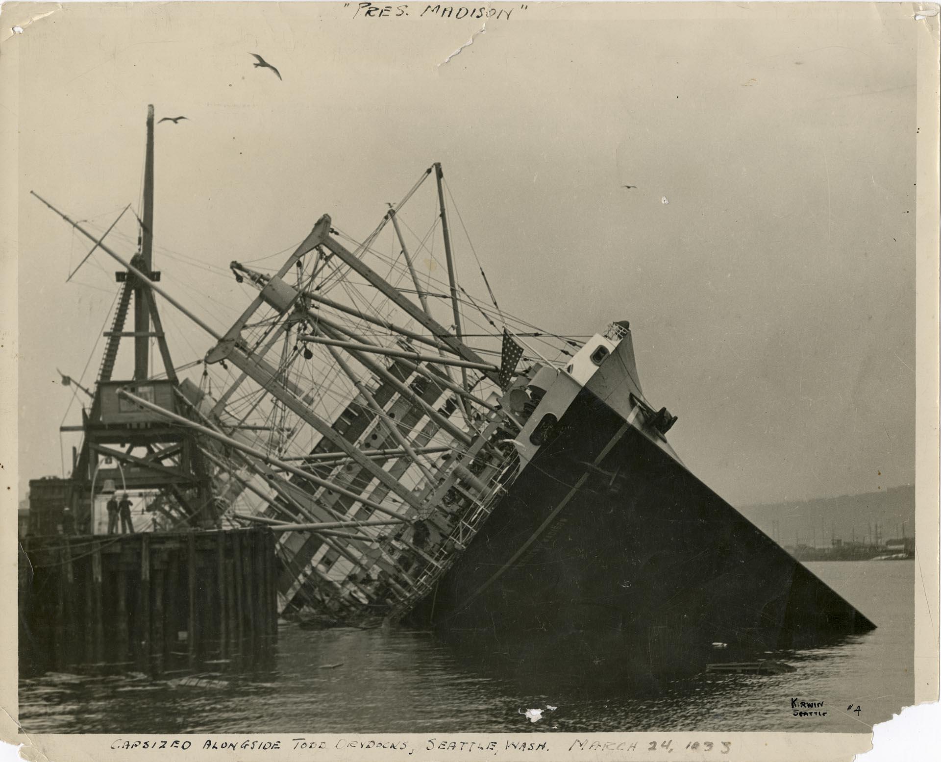Image of S.S. President Madison capsized at Todd dry docks, Seattle, March 24, 1933