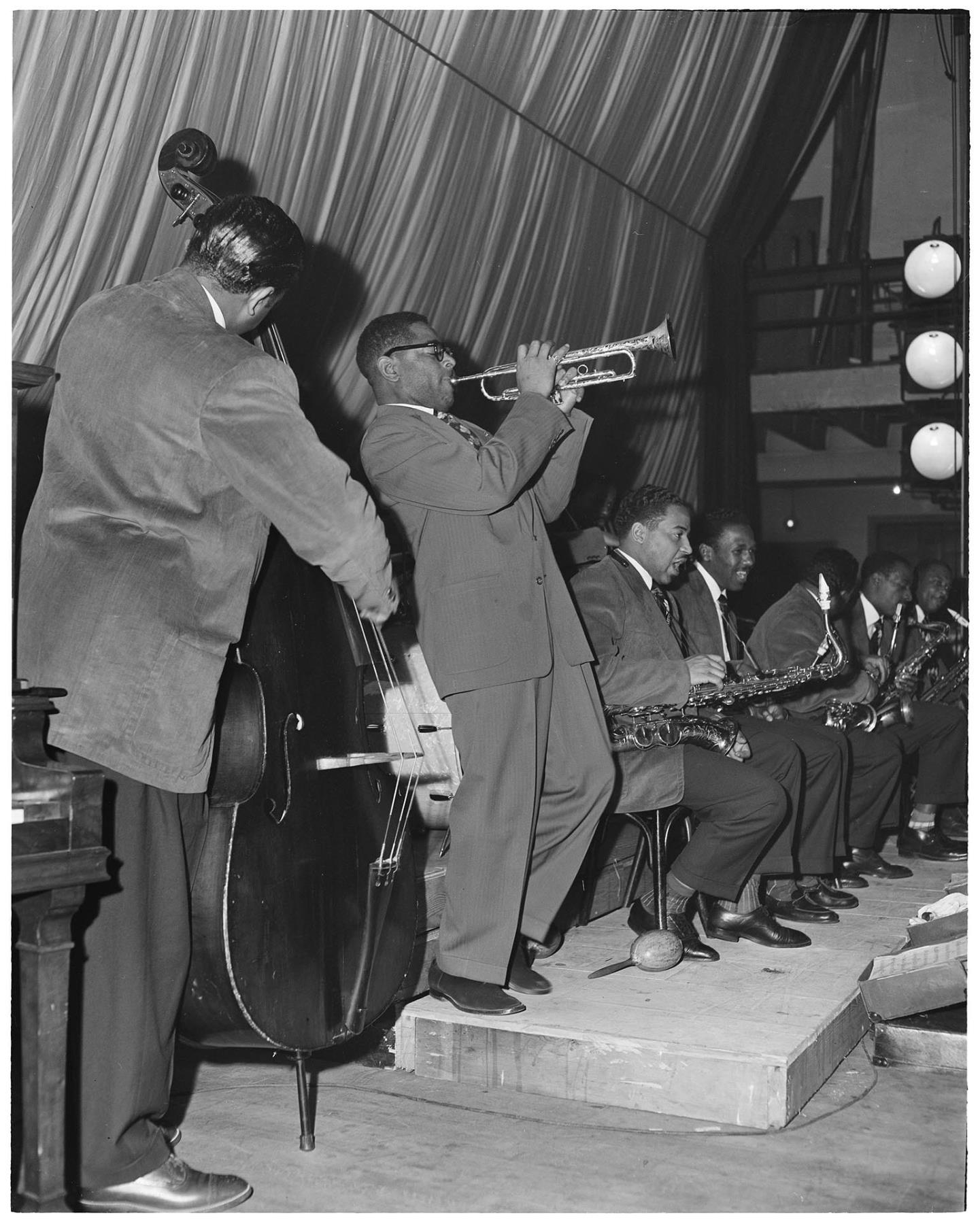 Image of Dizzy Gillespie and his orchestra performing at the Senator Ballroom, Seattle, February 19, 1949