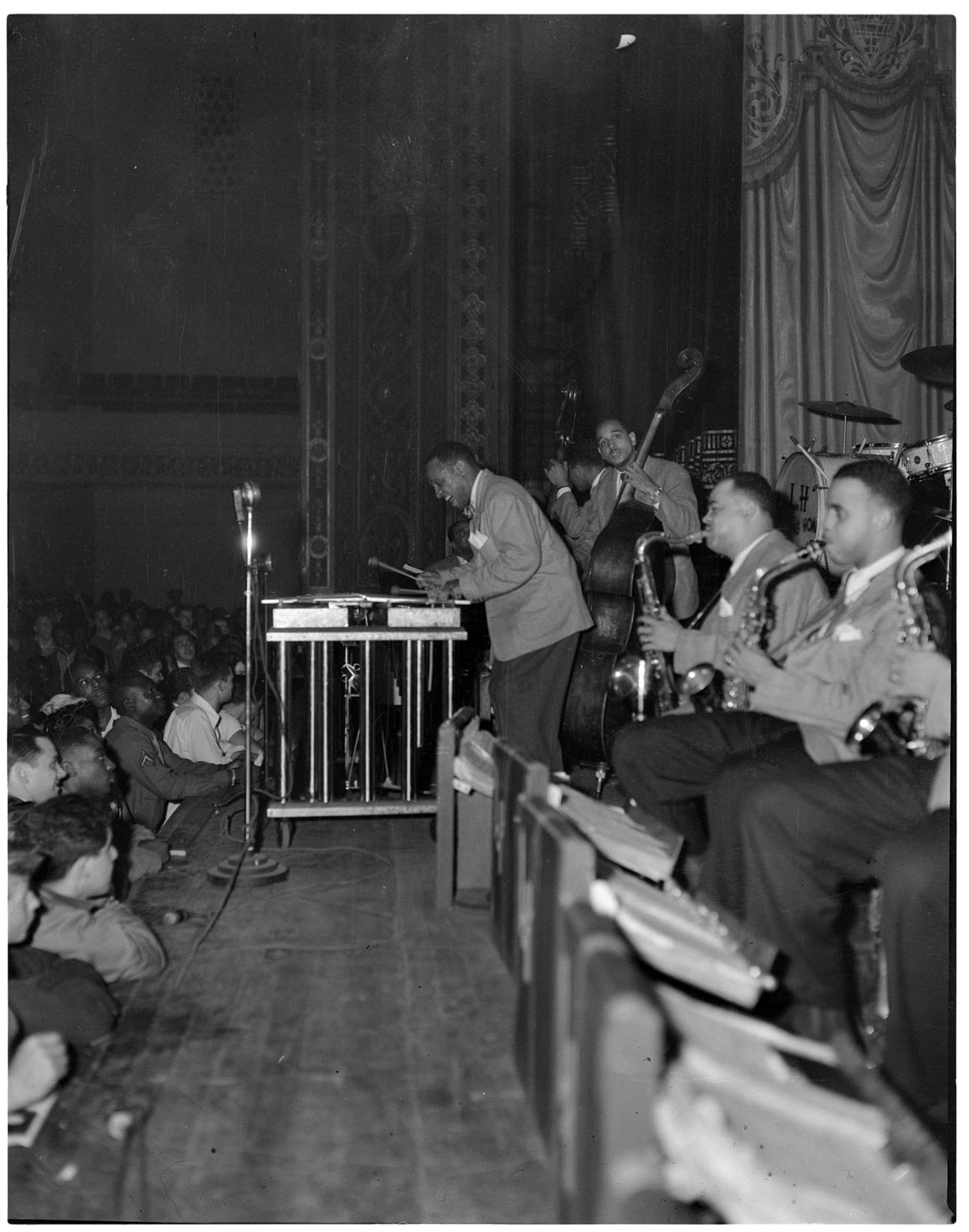 Image of Lionel Hampton's orchestra performing at the Civic Auditorium, Seattle, August 7, 1946