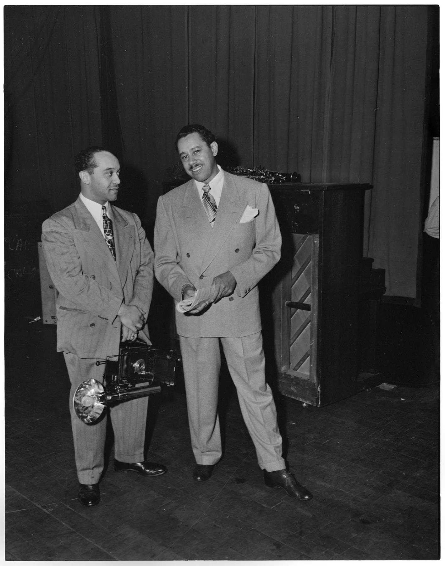 Image of Cab Calloway with photographer Jerome Armstrong at Civic Auditorium, Seattle, circa 1947