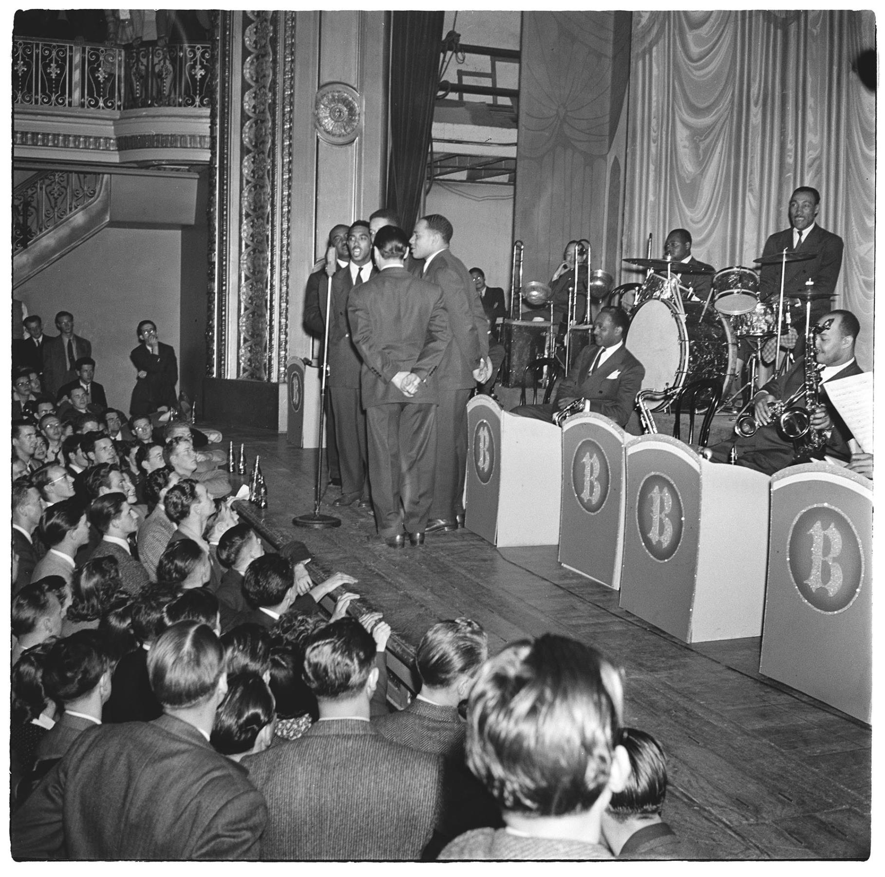 Image of Quintet singing with unidentified orchestra, Seattle, circa 1947