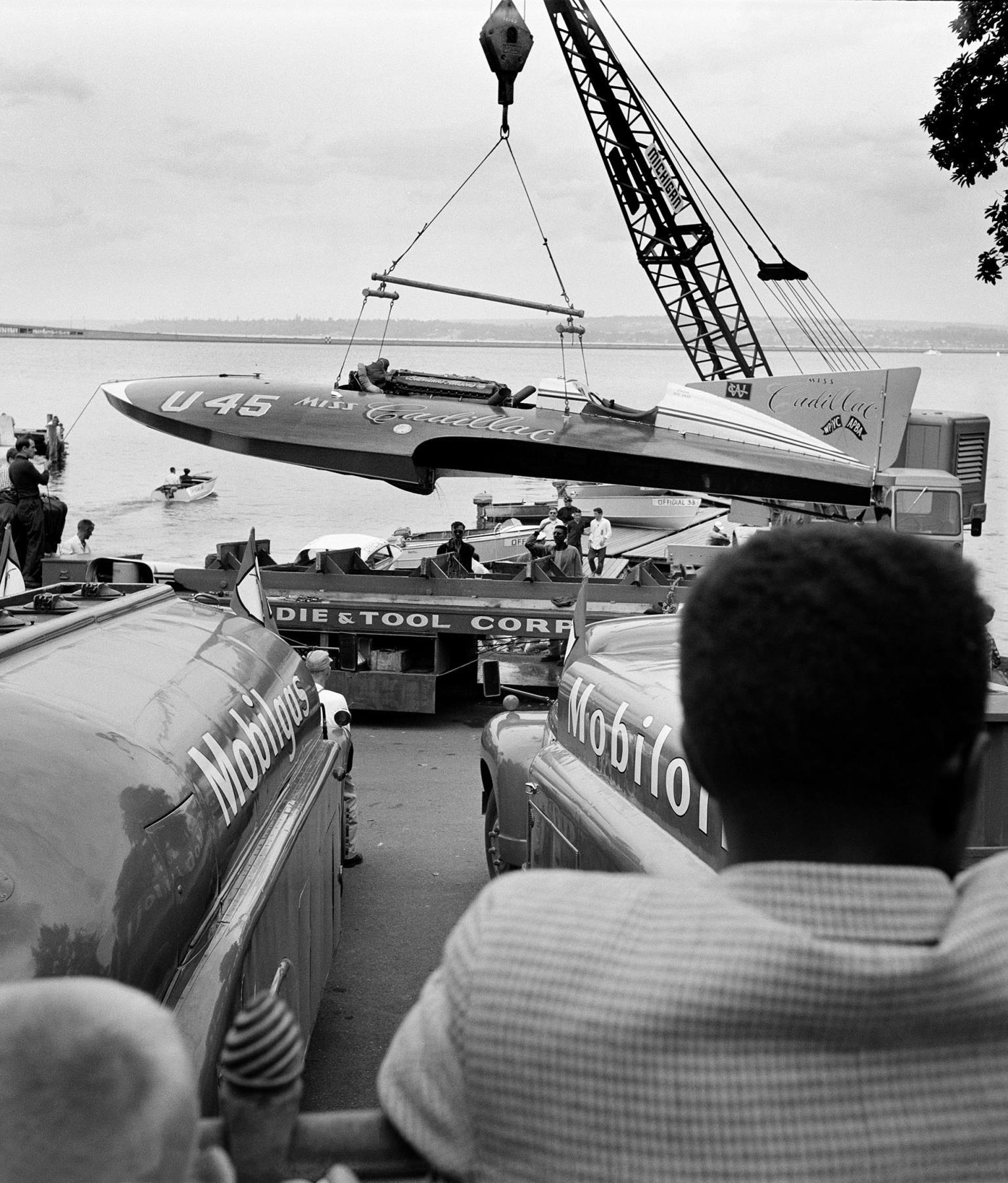 Image of Crane lifting Miss Cadillac out of water, Seattle, circa 1953