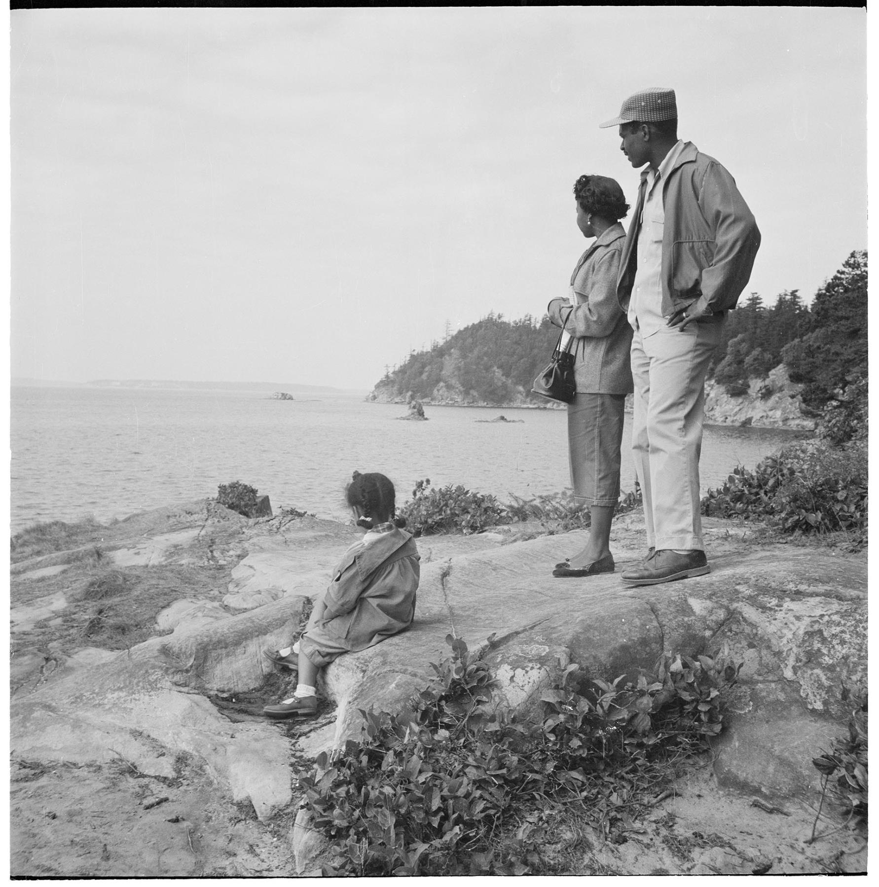 Image of Family on a beach on Chuckanut Drive, Bellingham, circa 1953