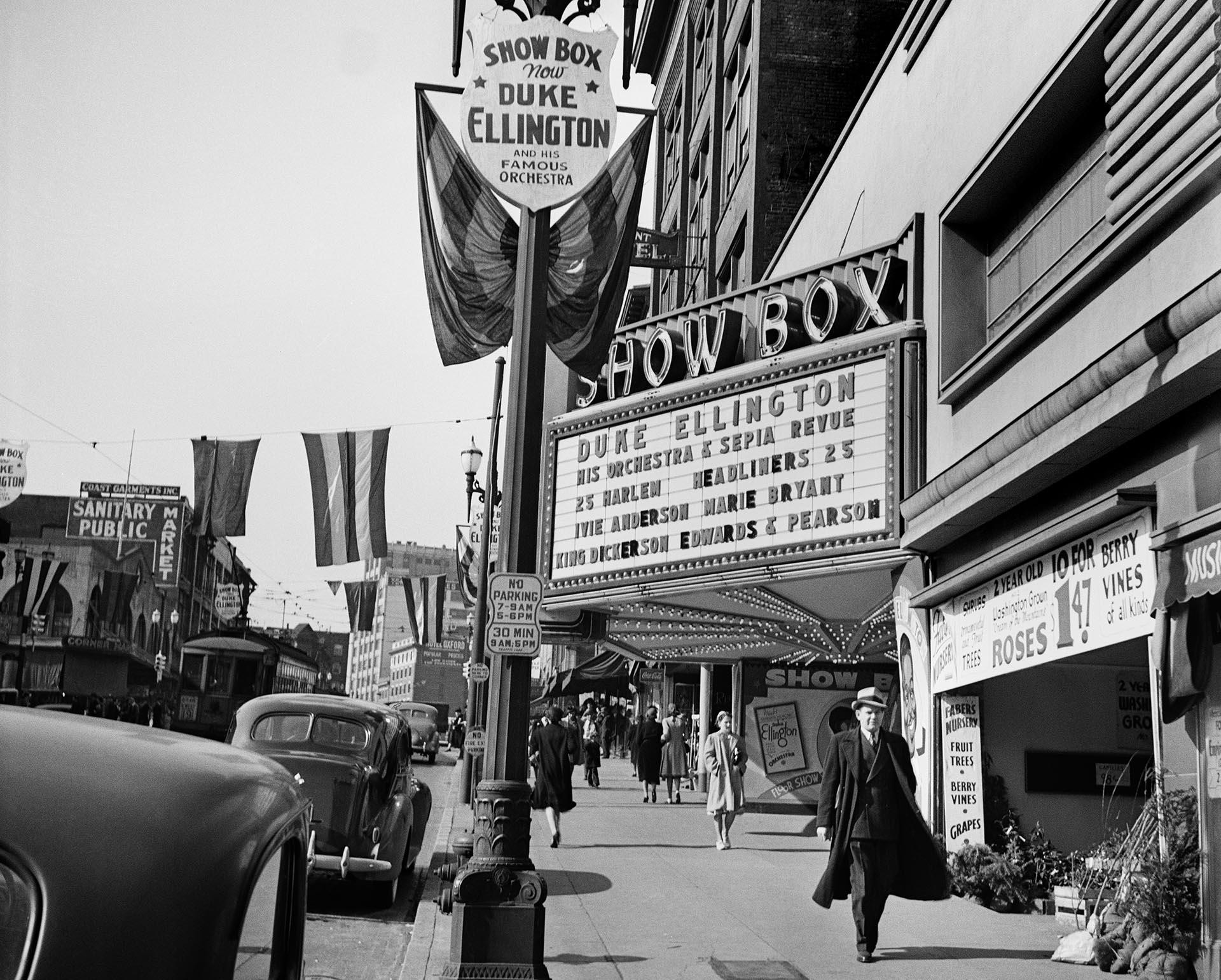 Image of Marquee at Showbox Theater on 1st Ave., Seattle, circa 1953