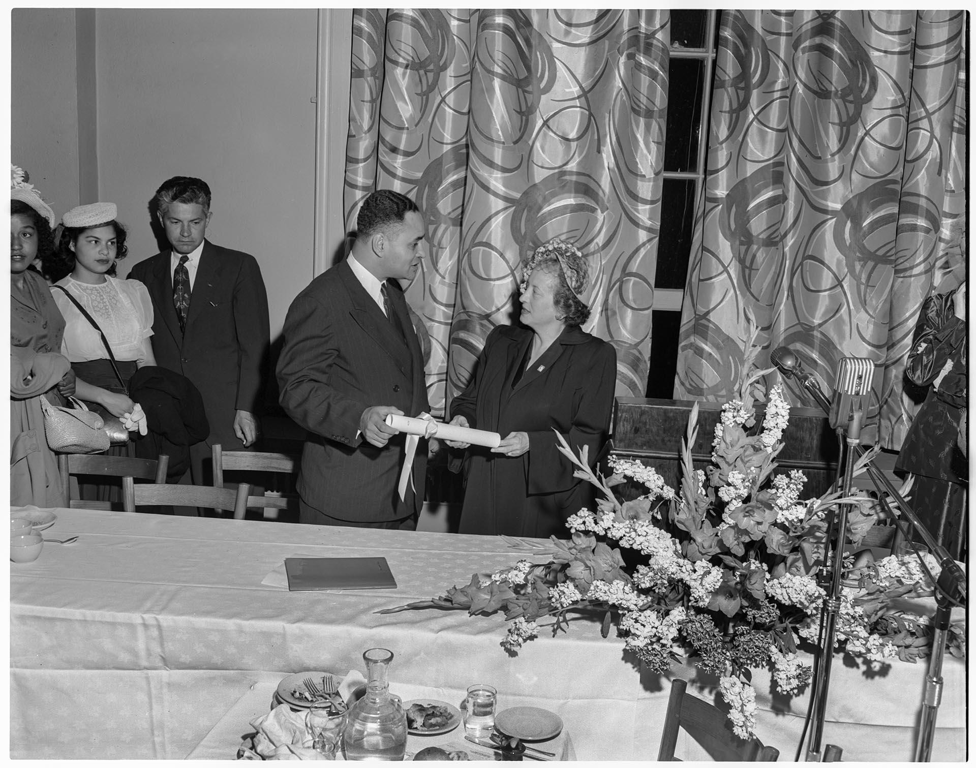 Image of Dr. Ralph Bunche and others at Chamber of Commerce, Seattle, July 7, 1949