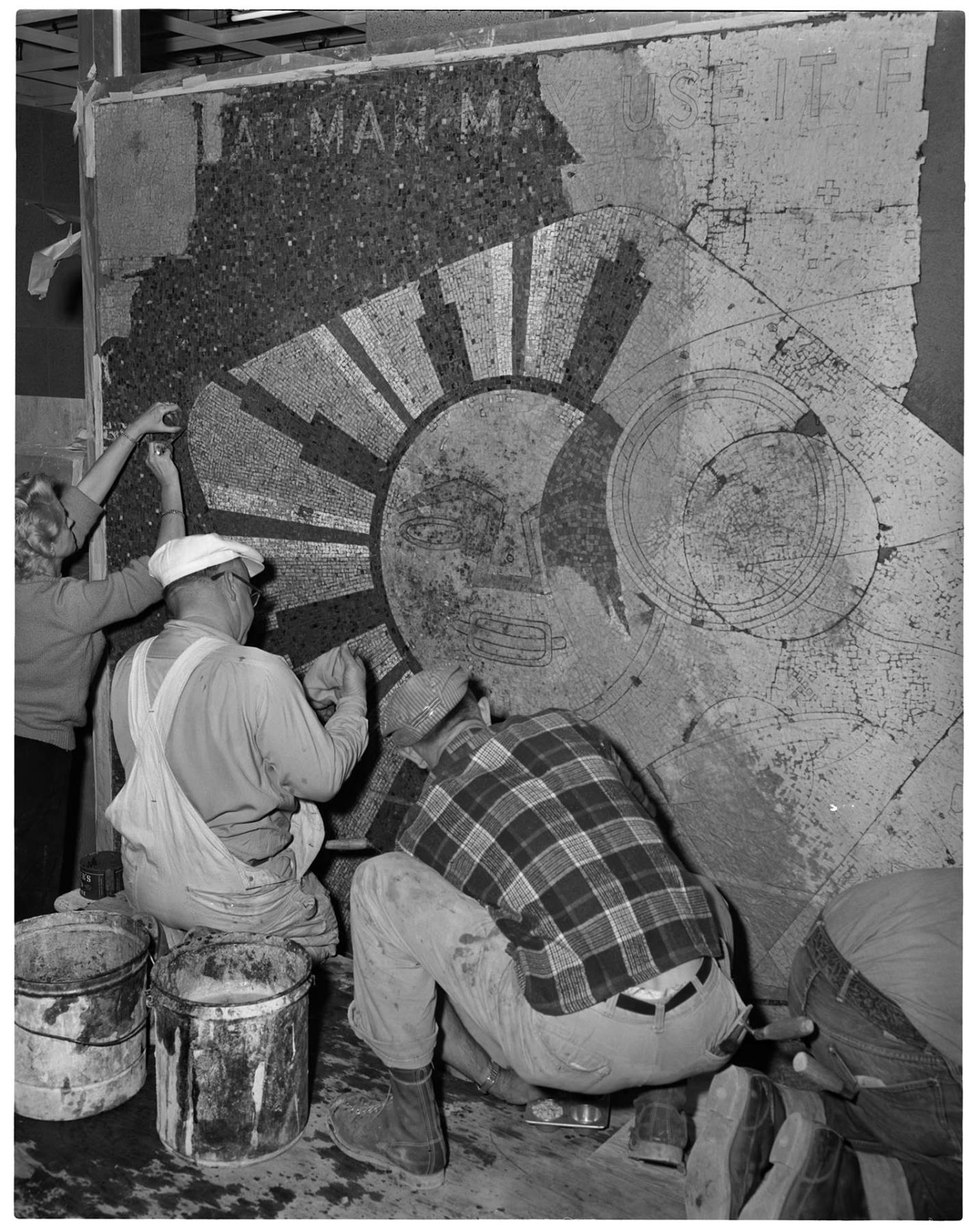 Image of Artists creating mosaic mural, Seattle, 1958