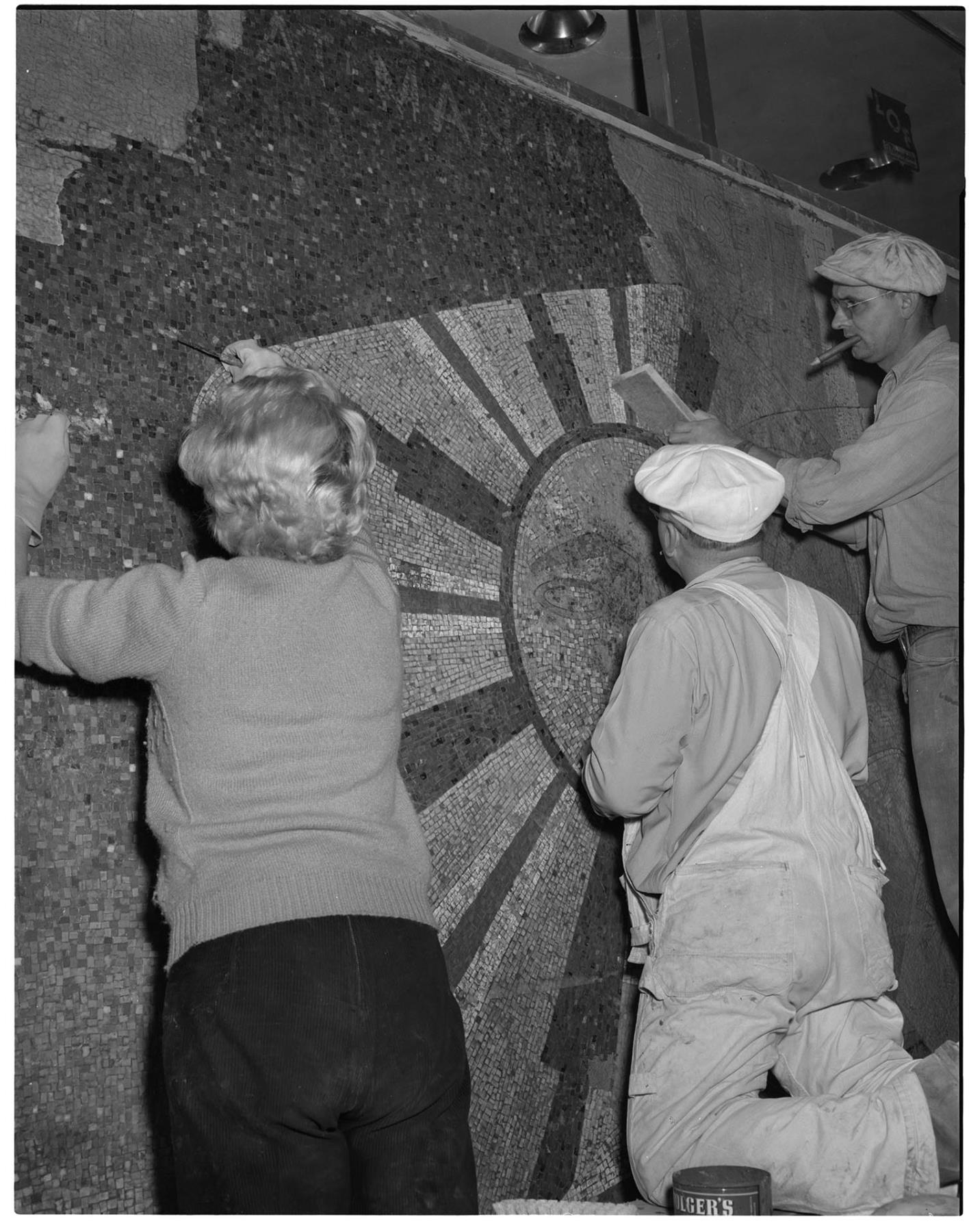 Image of Artists creating mosaic mural, Seattle, 1958