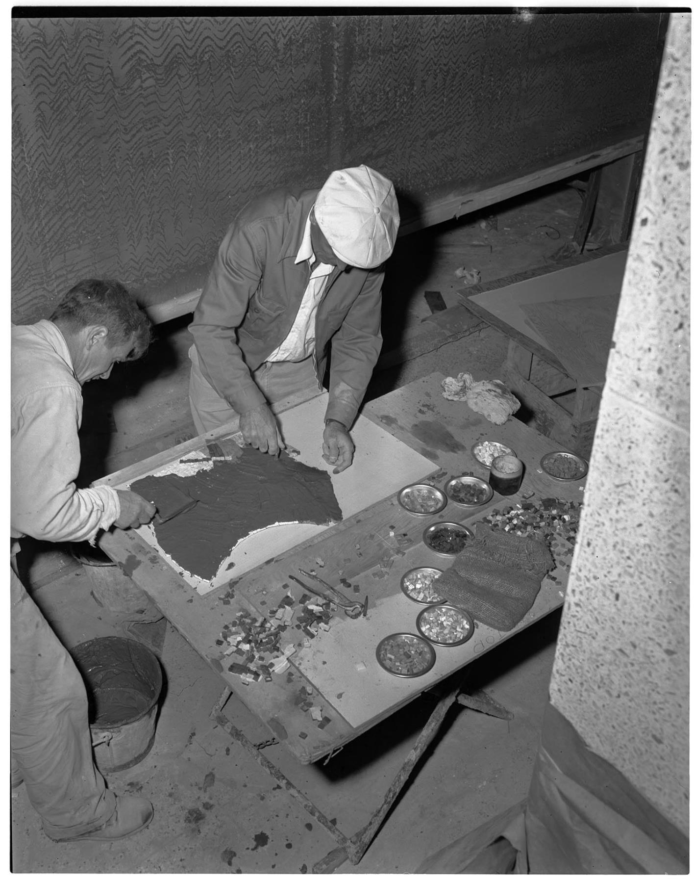 Image of Artists creating mosaic mural, Seattle, 1958
