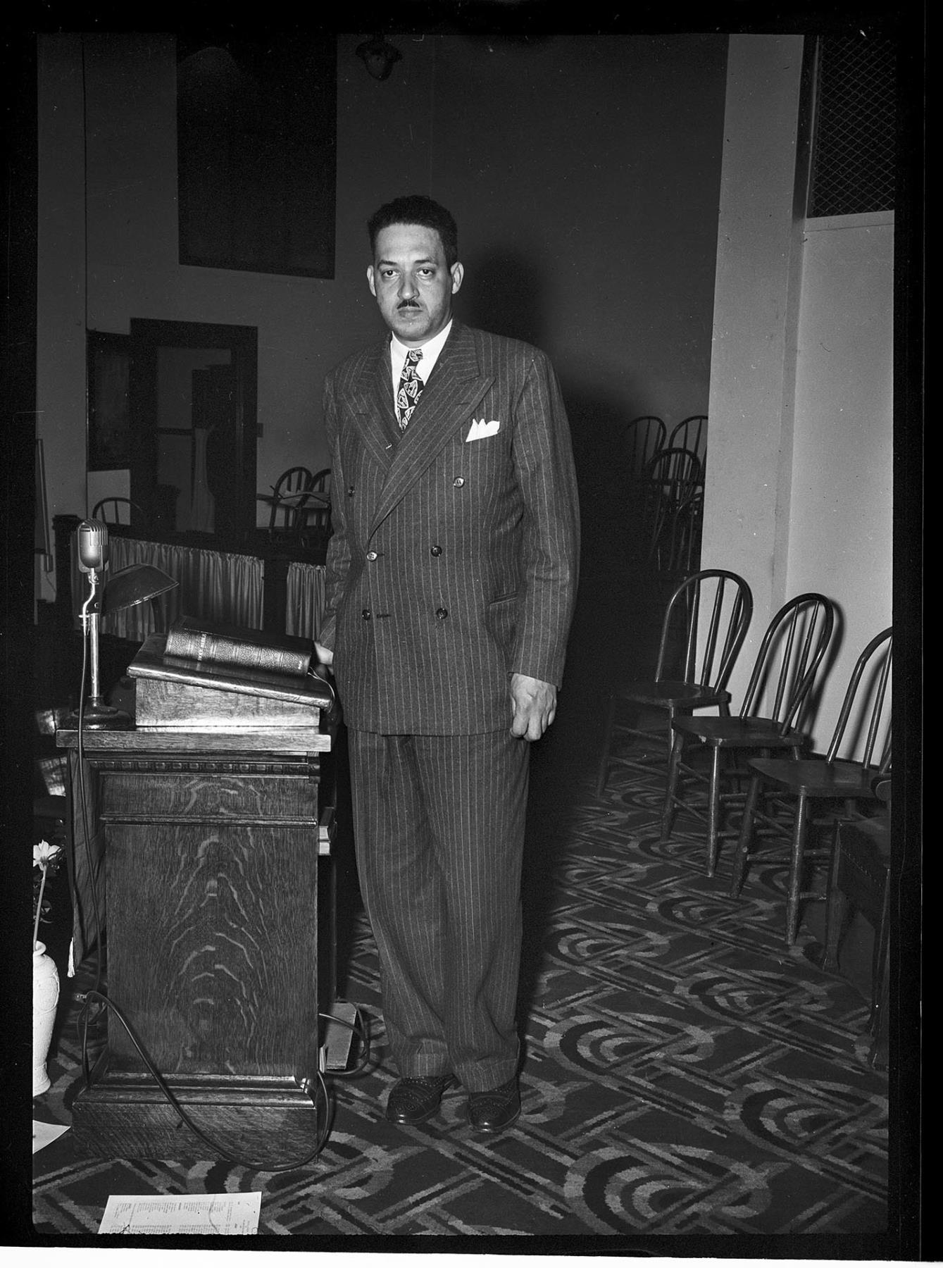 Image of Thurgood Marshall standing at lectern, Seattle, March 1947