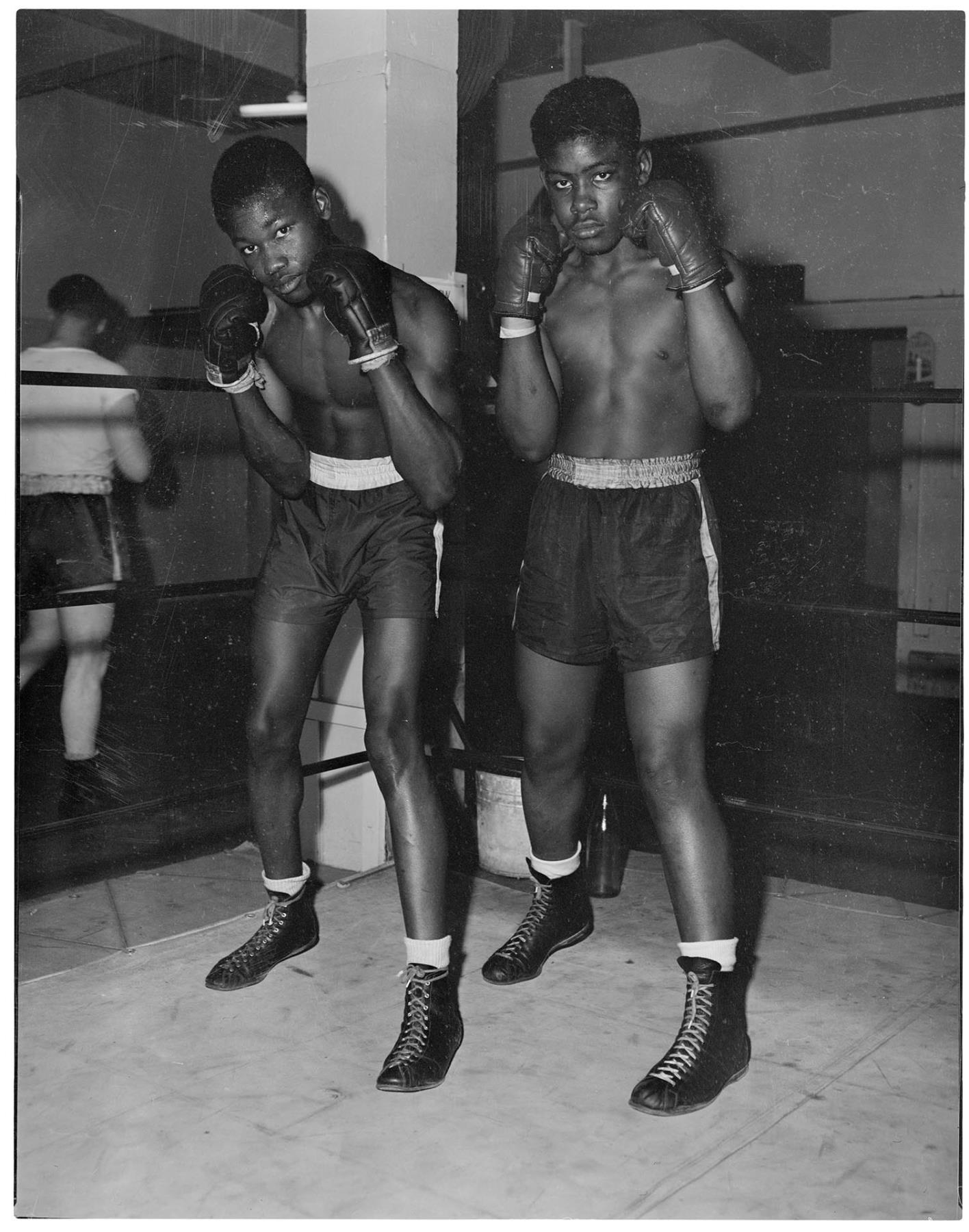 Image of Two boxers posing in a gym, Seattle, circa 1949