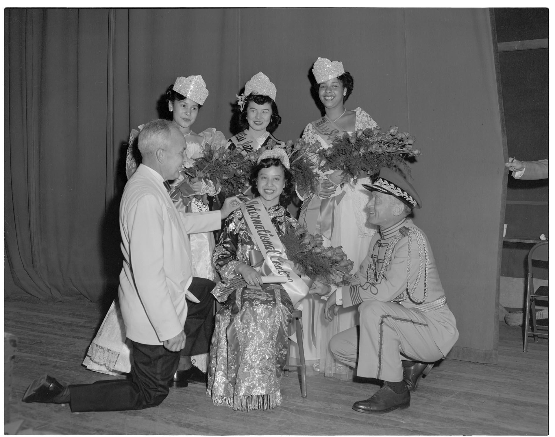 Image of Seafair Princess with others after crowning, Seattle, July 23, 1951