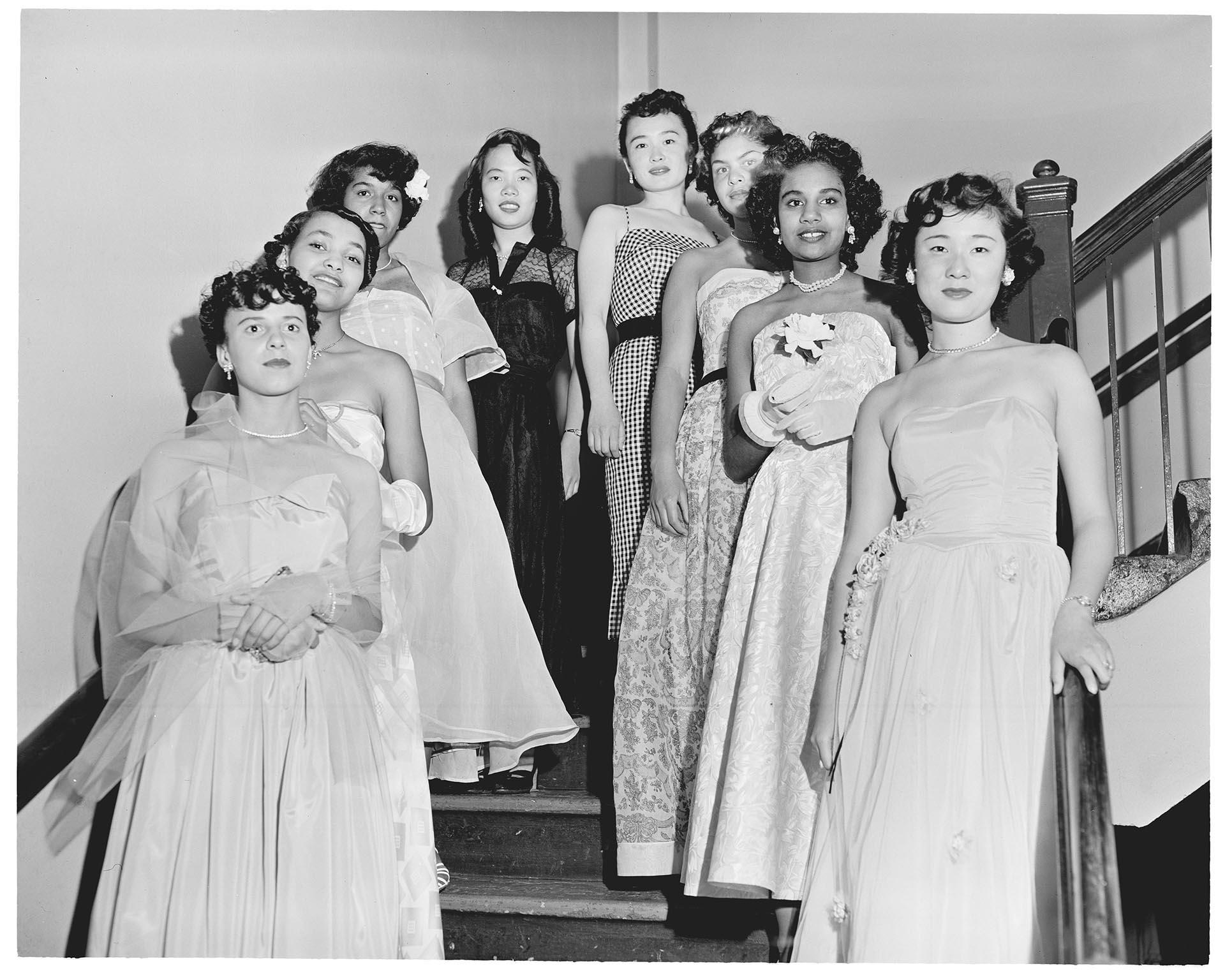 Image of Young women on staircase, Seattle, July 30, 1950