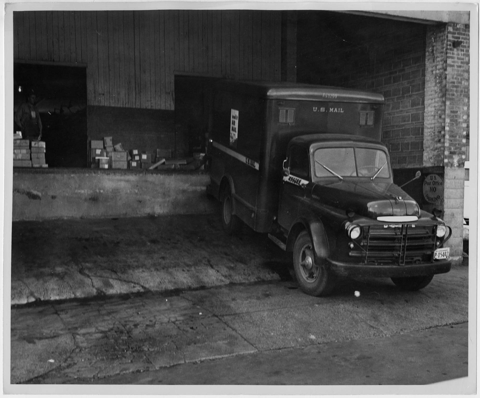Image of Mail truck at the U. S. Post Office, Broadway Station on Capitol Hill, circa 1954