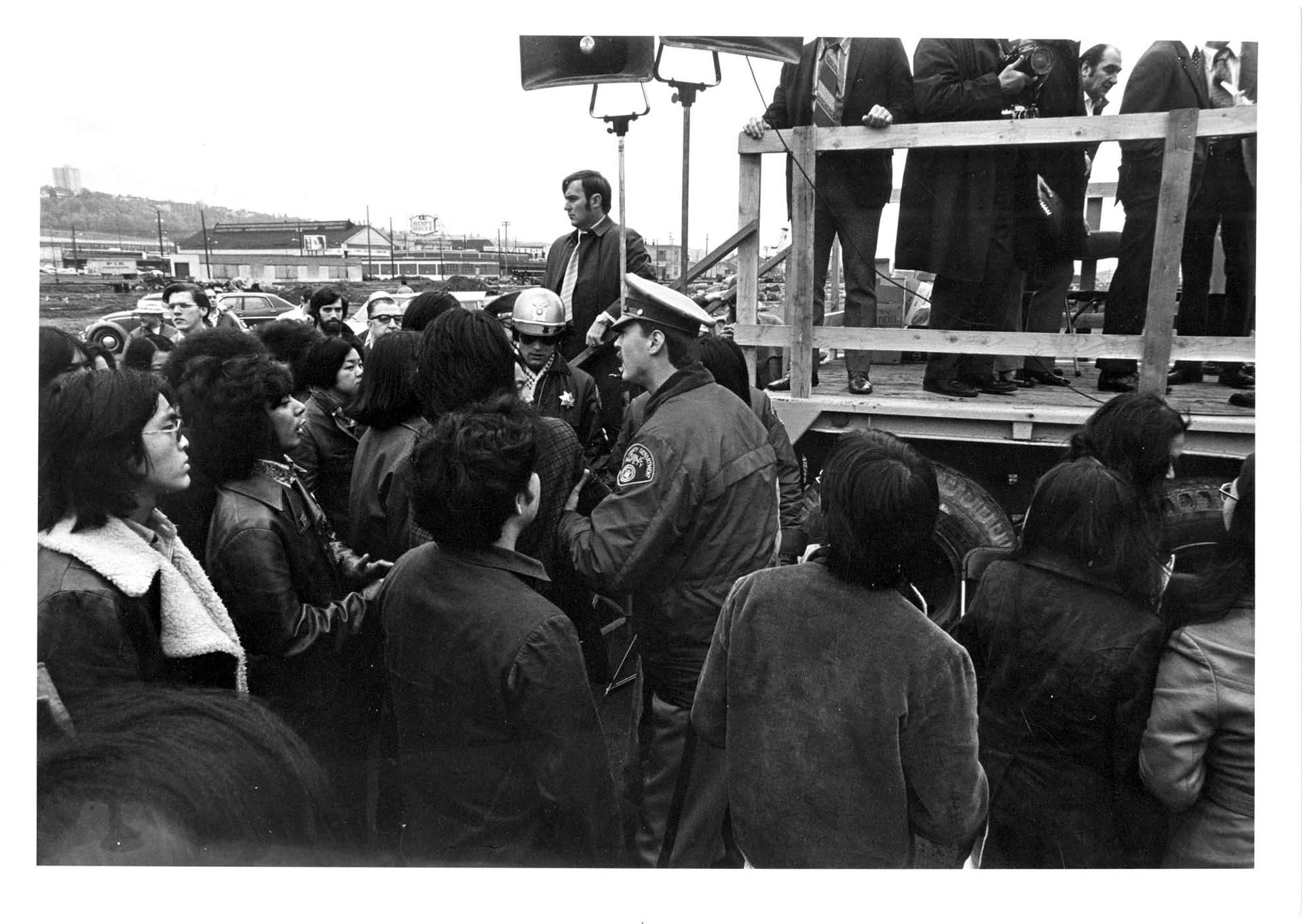 Image of Protesters at the groundbreaking for Seattle's Kingdome, November 2, 1972