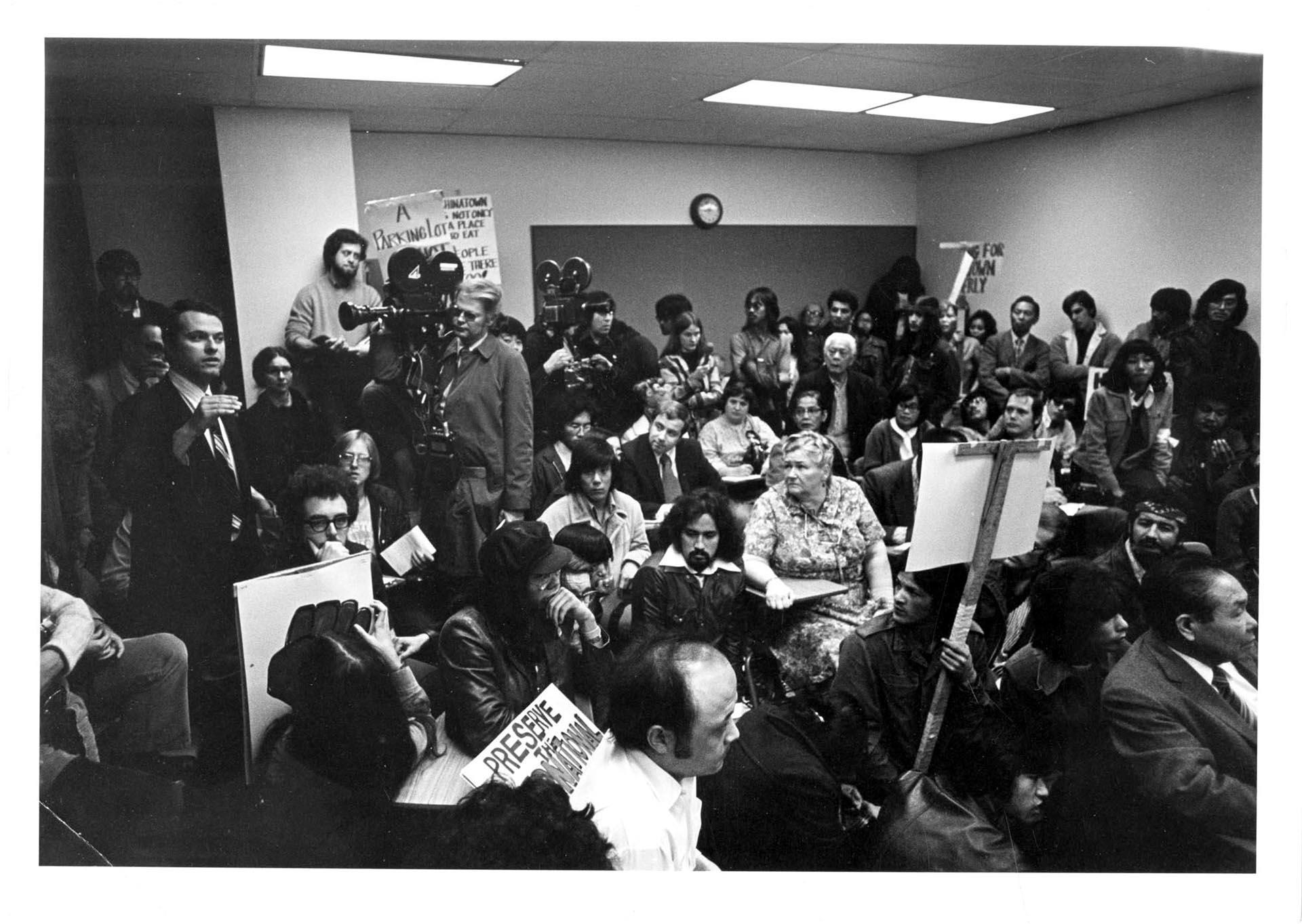 Image of Protestors at a meeting about Kingdome construction, circa 1972