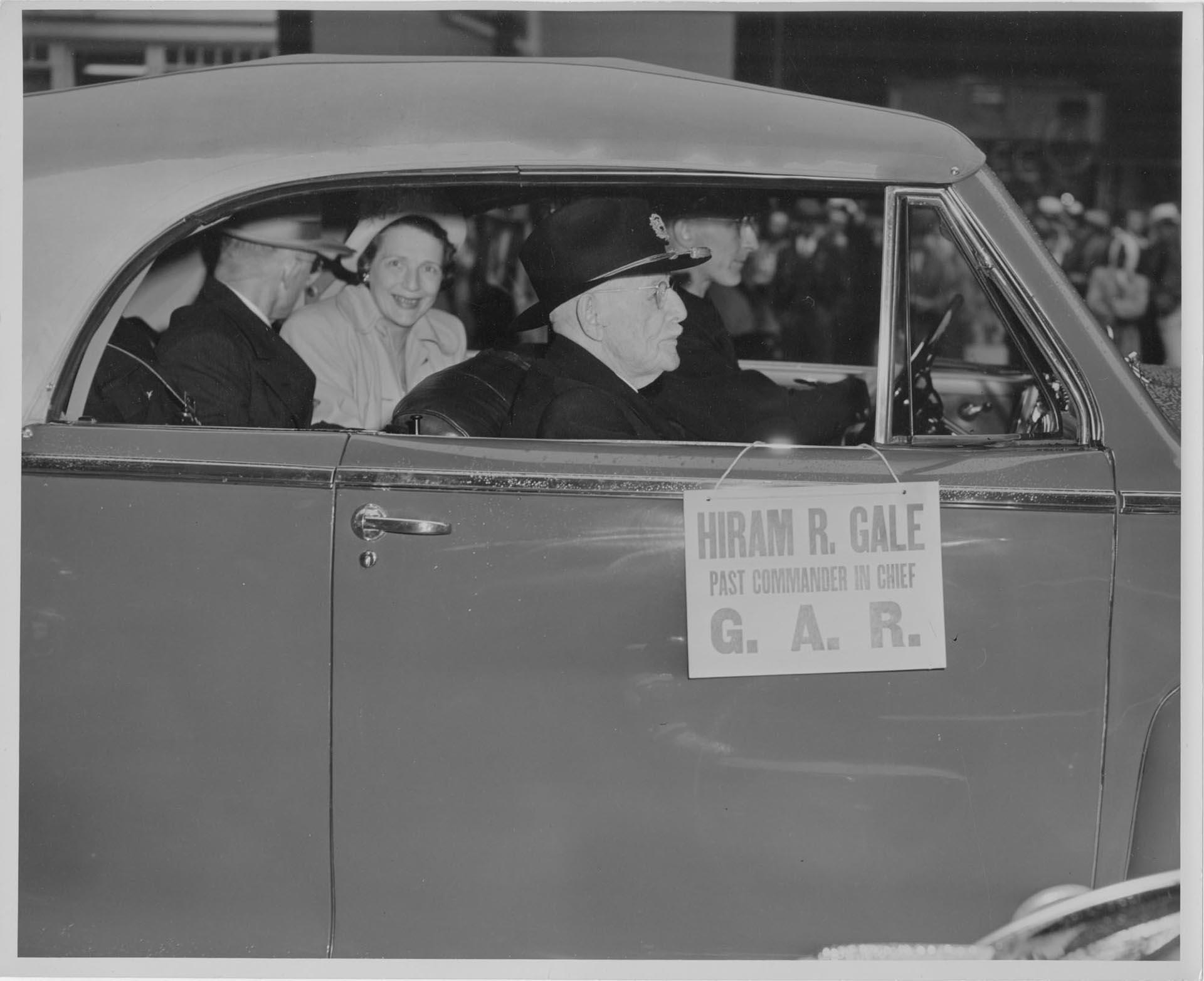 Image of Hiram Gale, Civil War veteran, riding in a parade, April 3, 1948