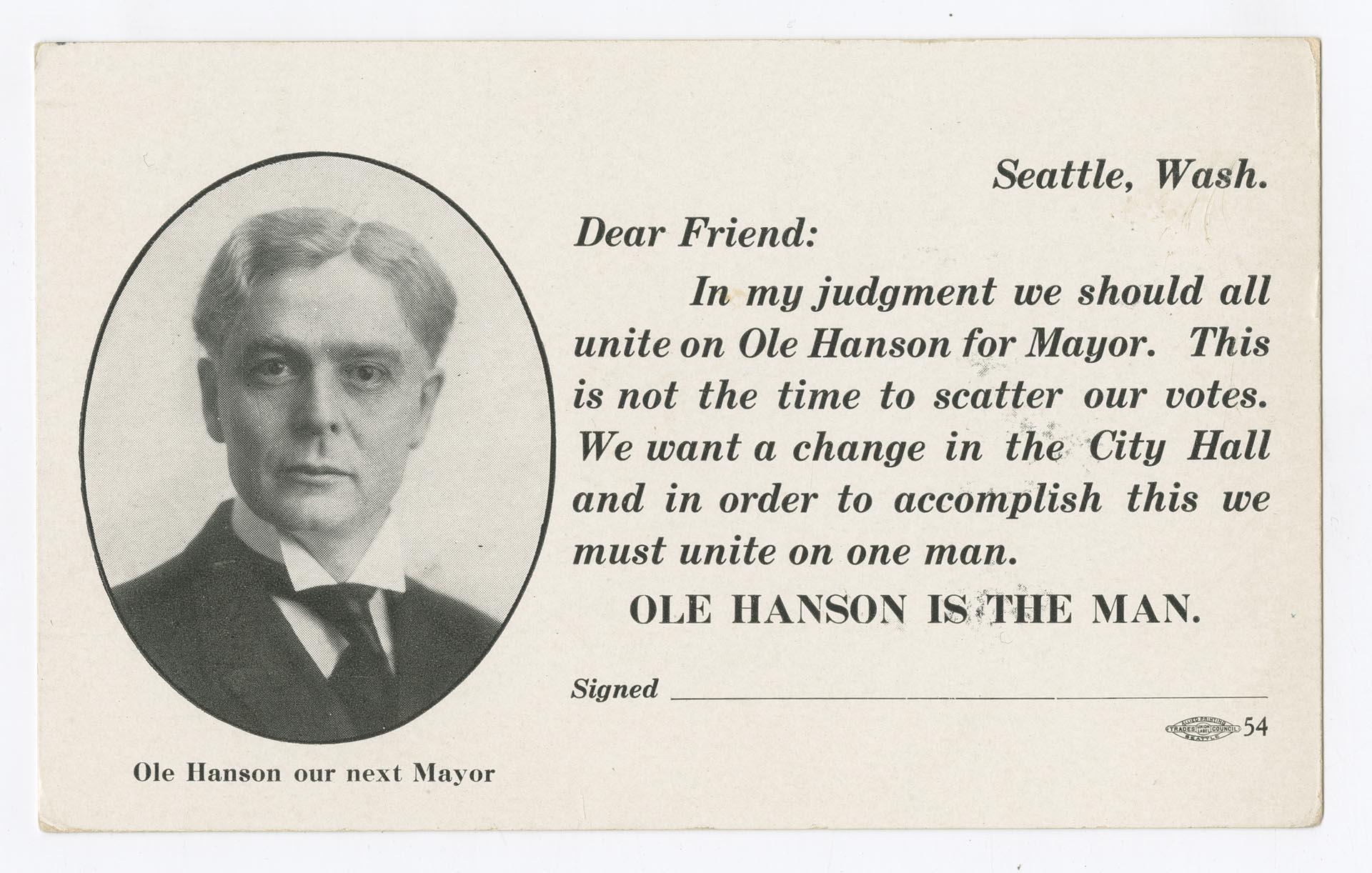 Image of Vote for Ole Hanson postcard, 1918