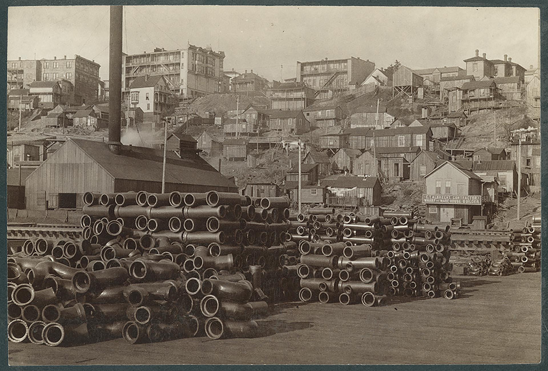 Image of Wharf and beach homes on waterfront, Seattle, circa 1895