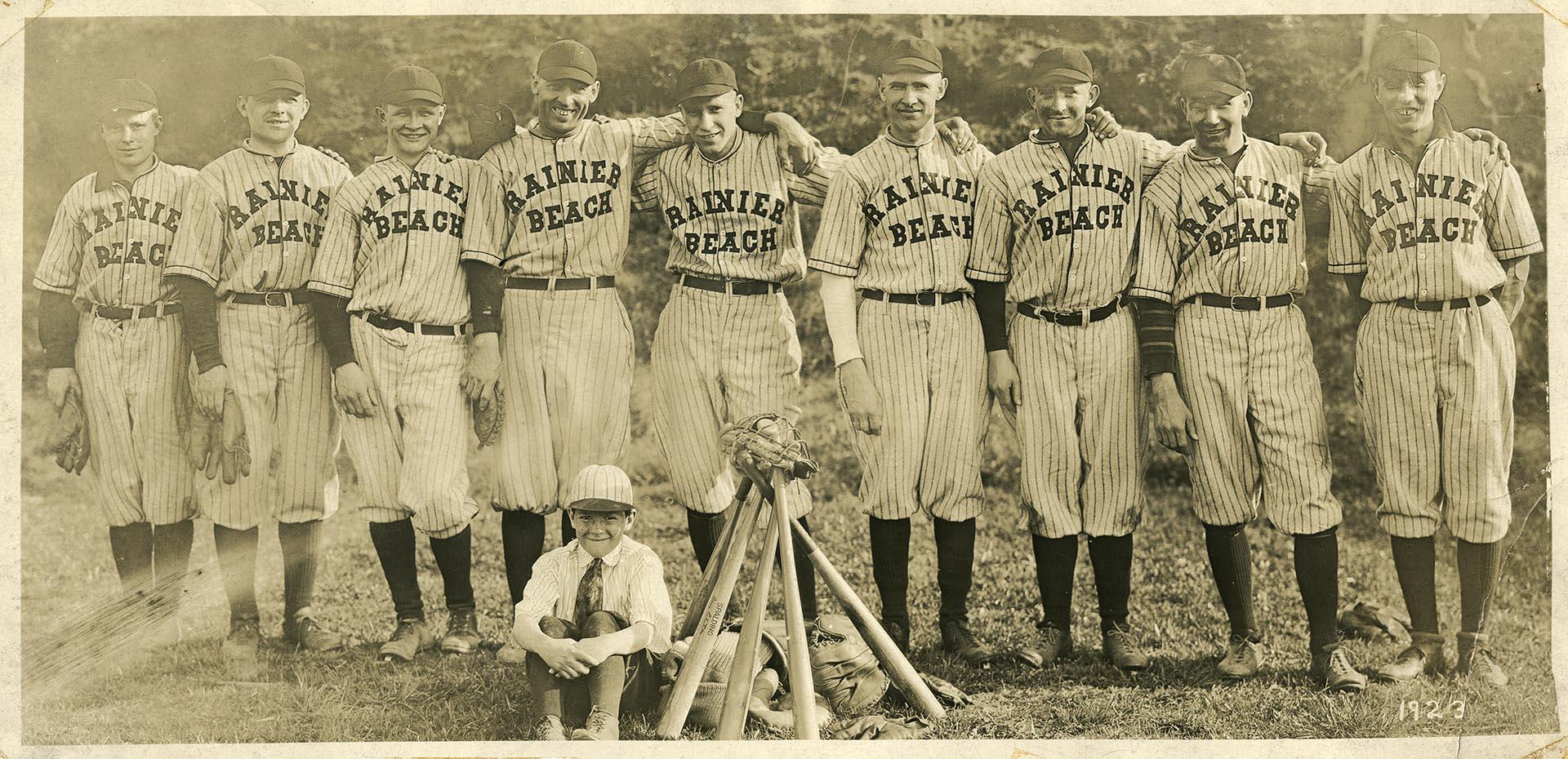 Image of Rainier Beach Baseball Team posing with equipment, Seattle, 1923