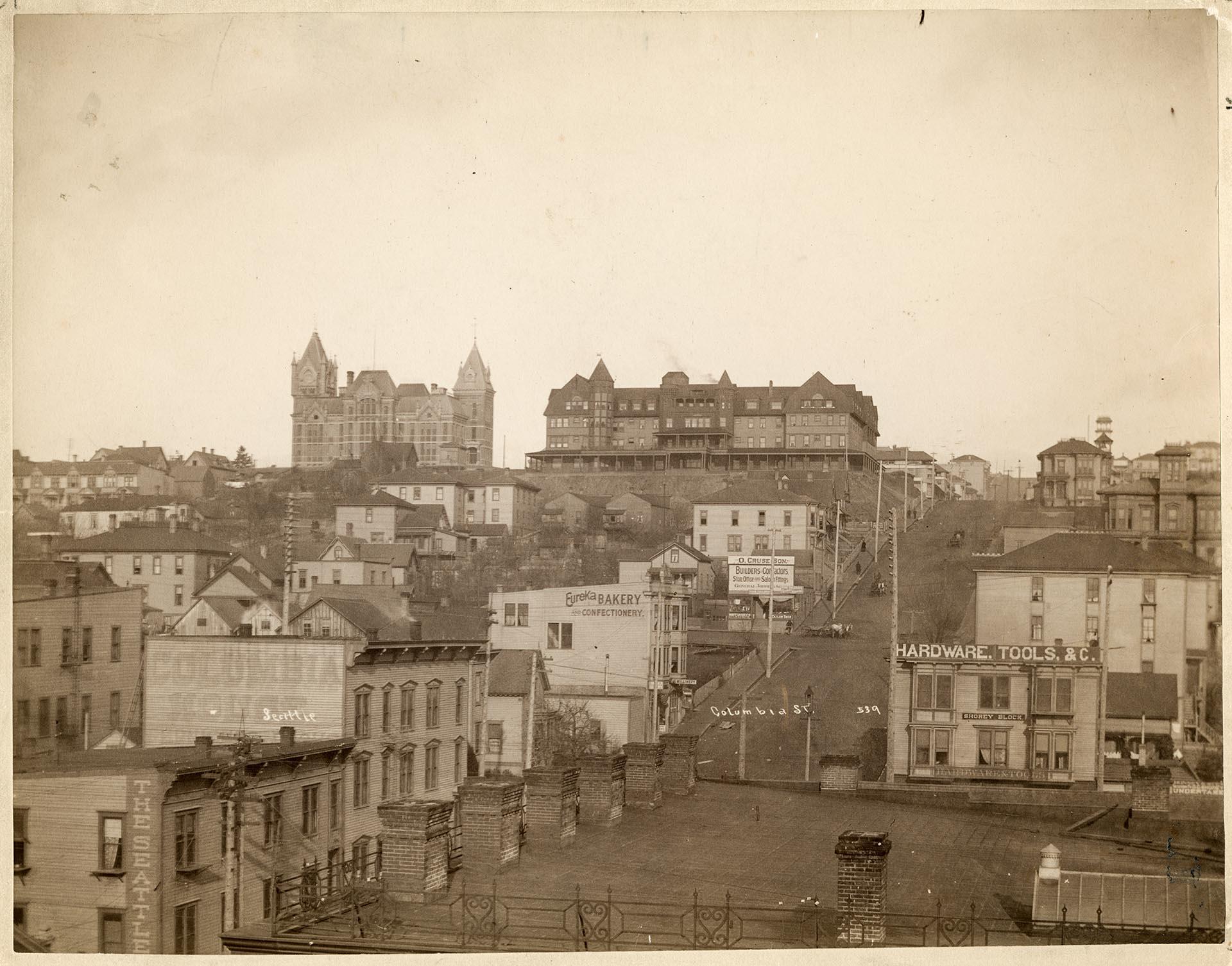 Image of Columbia St., looking east from 3rd Ave., Seattle, circa 1890