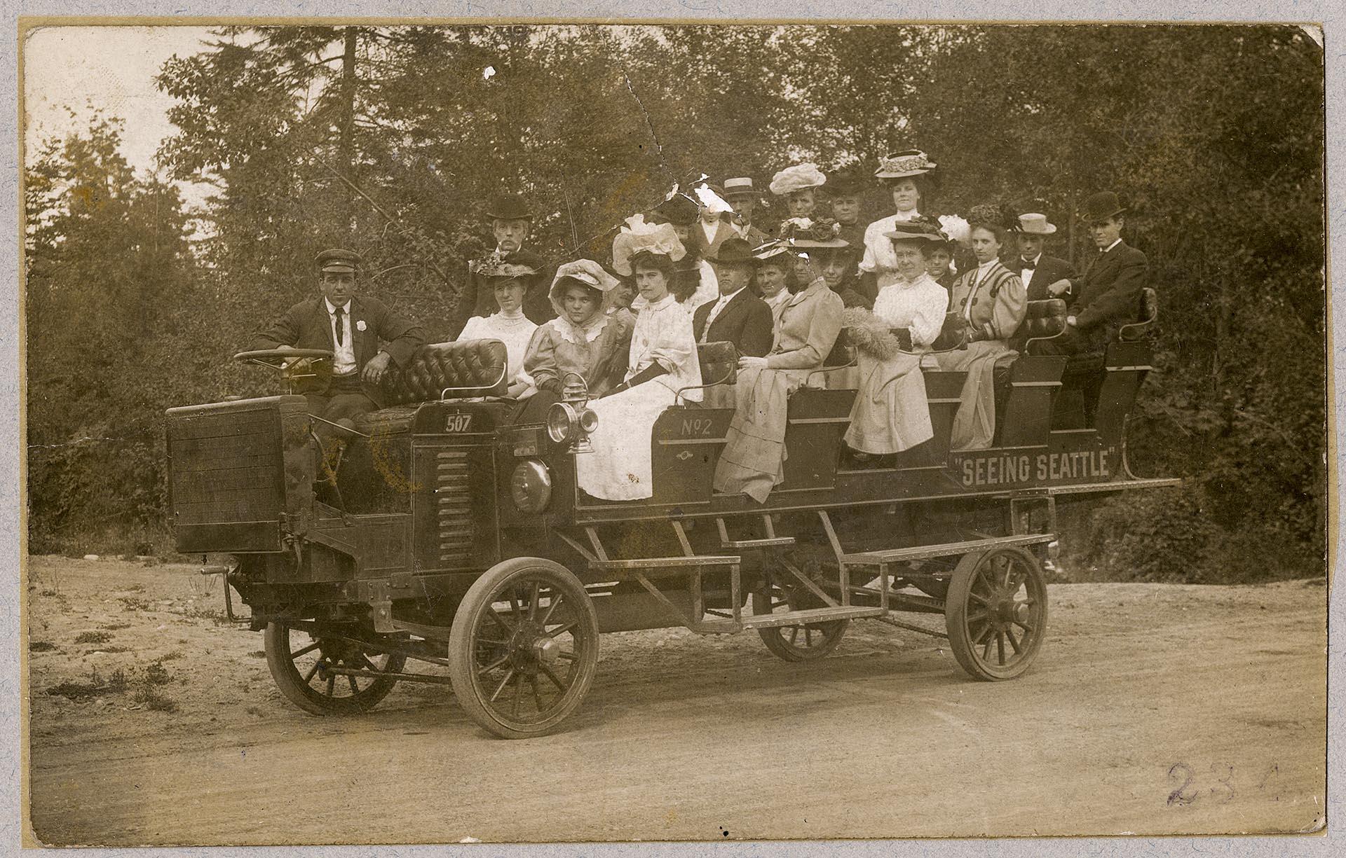 Image of Seattle's first motor-driven sightseeing bus, Seattle, 1907