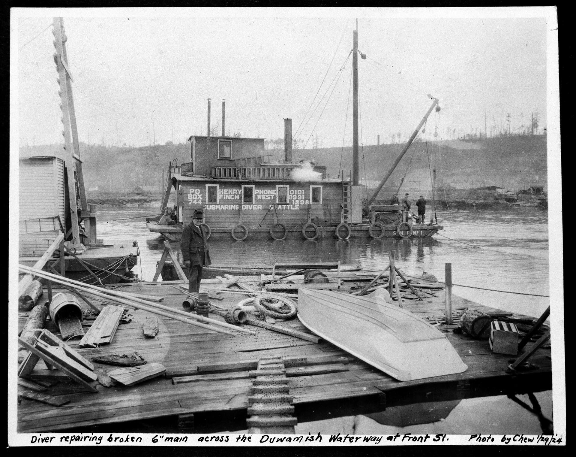 Image of Diving support vessel and equipment, Seattle, January 29, 1924
