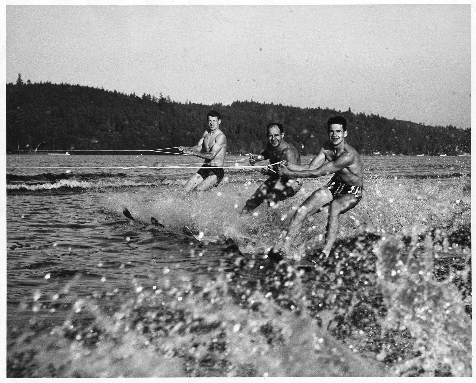Image of Ibsen family water skiing on Lake Washington, Seattle, circa 1955