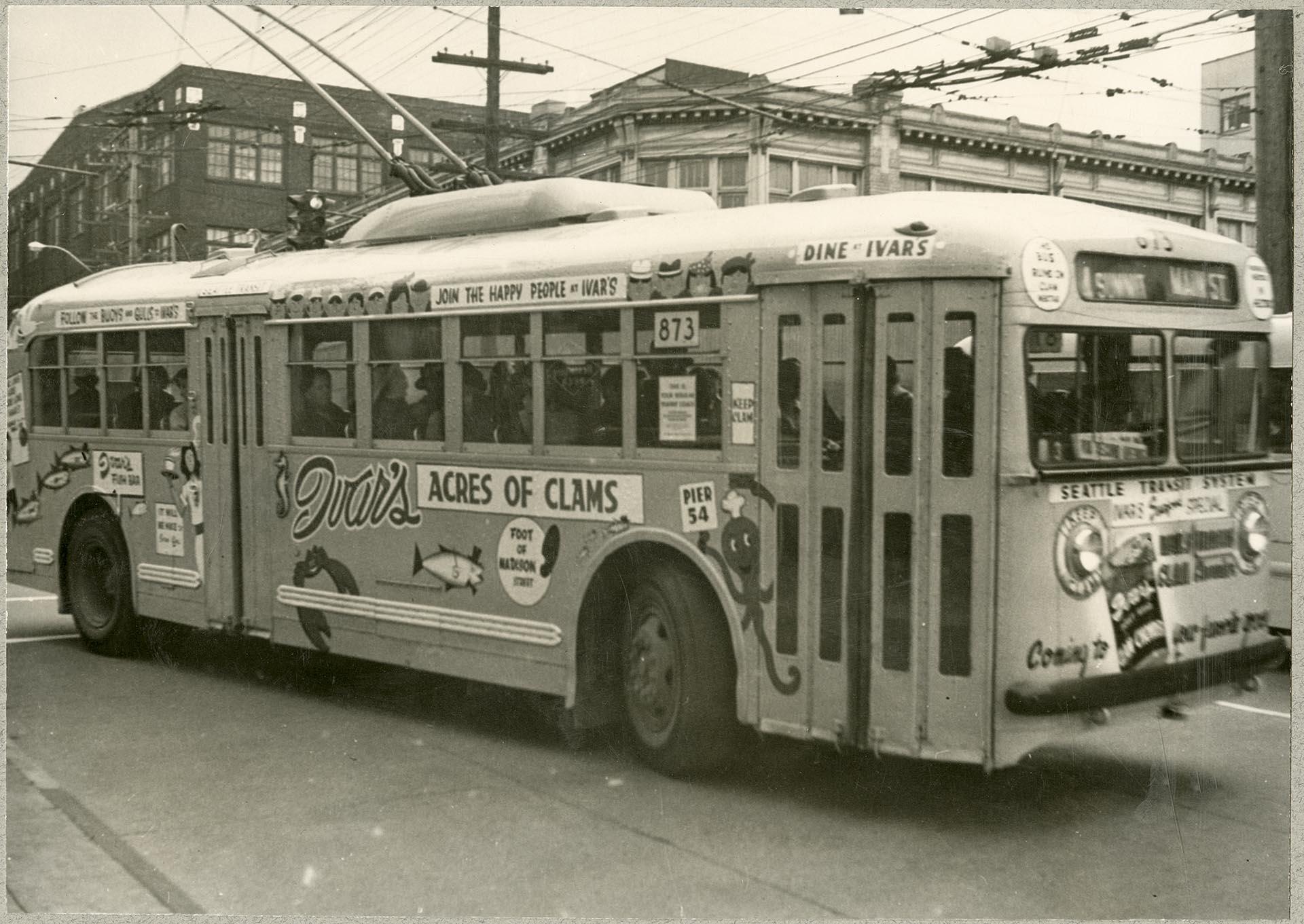 Image of Trackless trolley or electric bus, Seattle, circa 1943