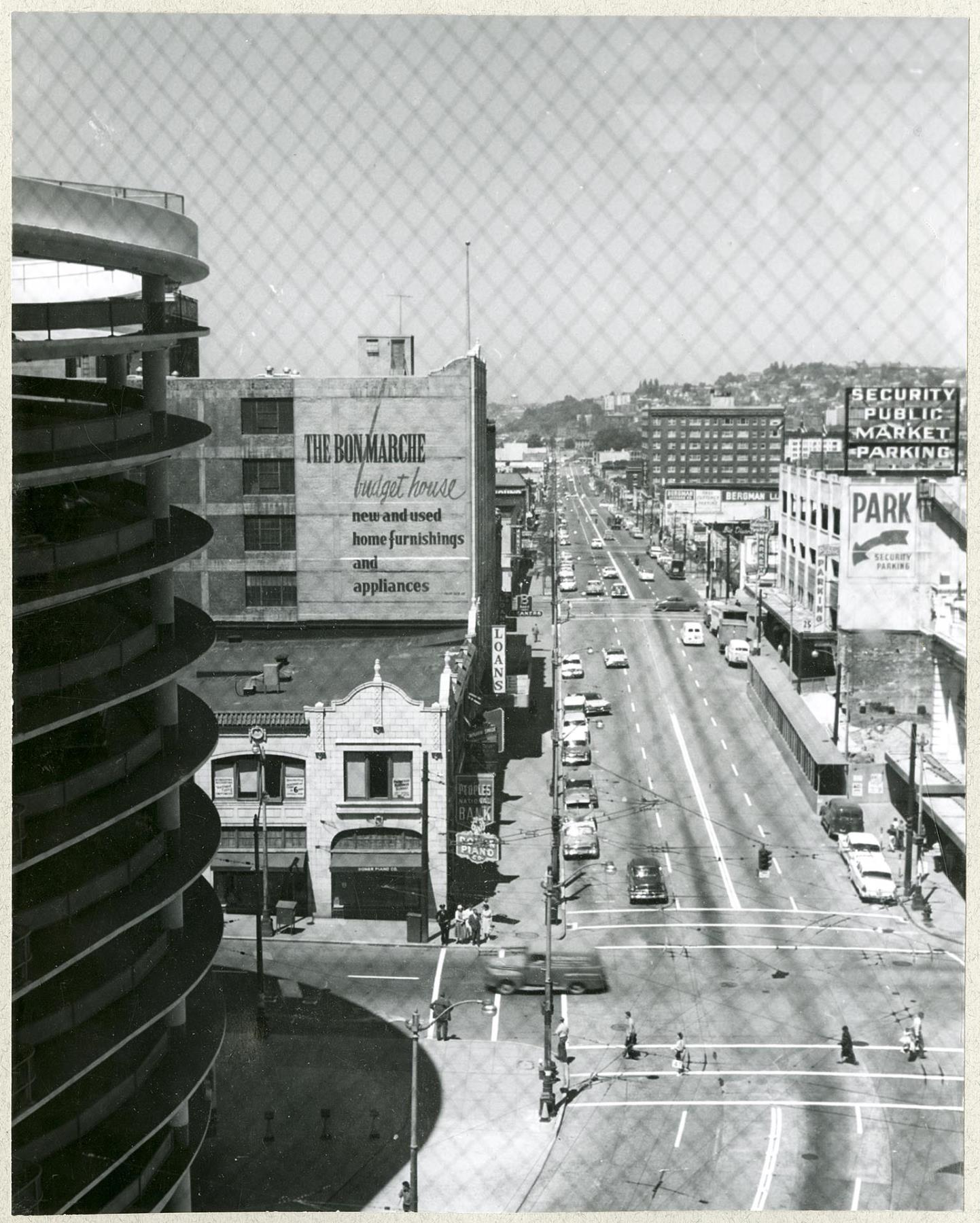Image of View of Third Avenue from Bon Marche sky bridge, Seattle, 1960