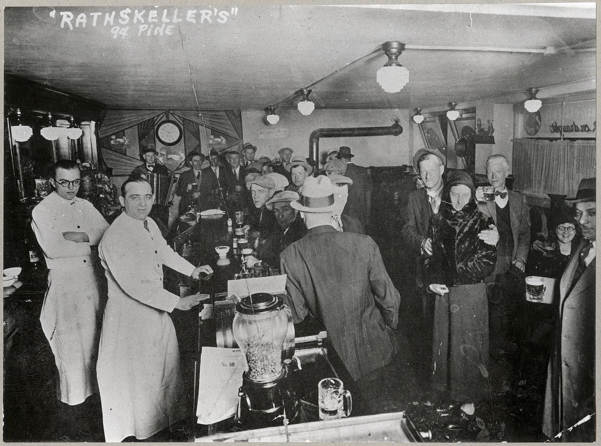 Image of Bartenders and customers at Rathskellers, Seattle, circa 1935