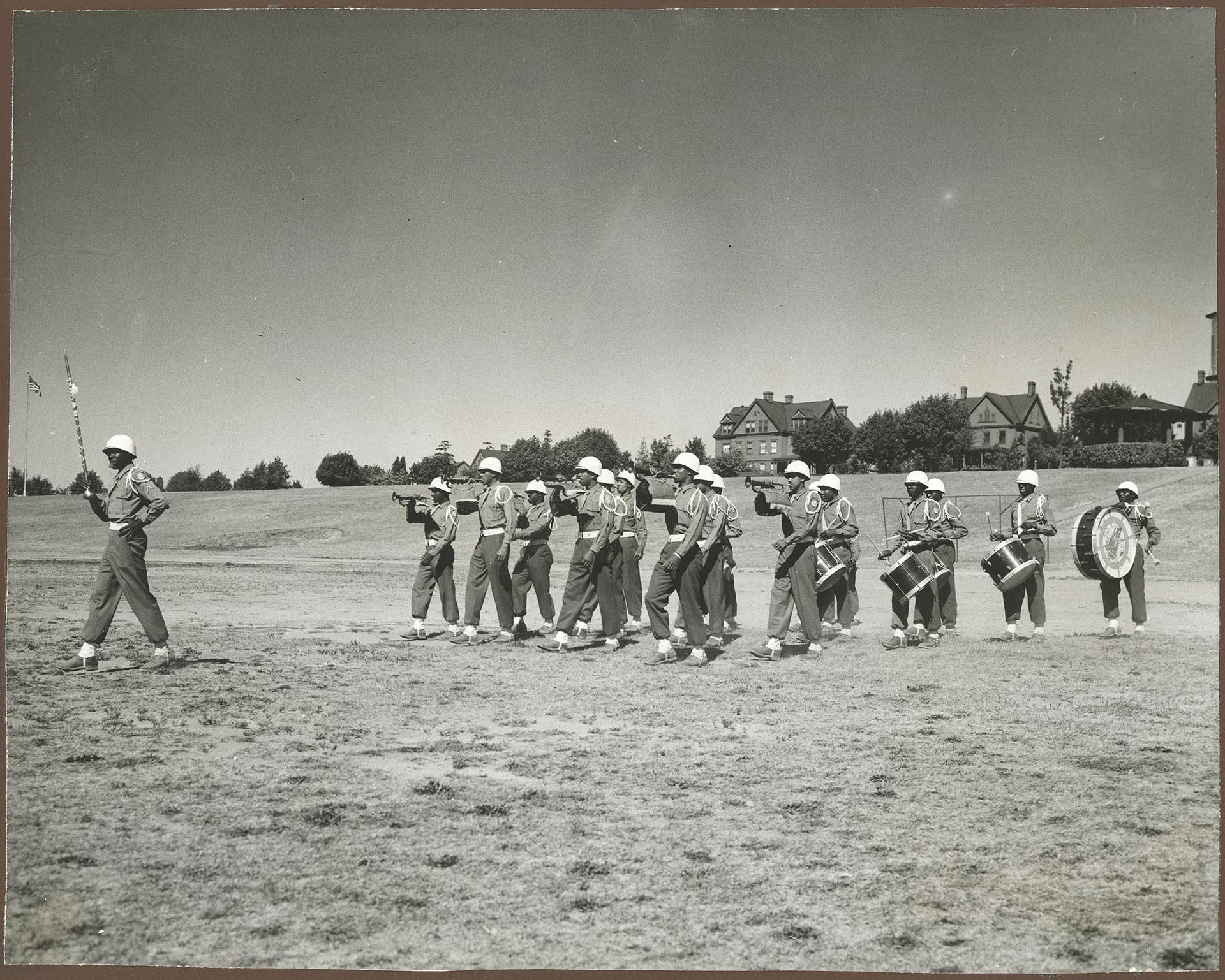 Image of Military band parading at Fort Lawton, Seattle, August 9, 1946