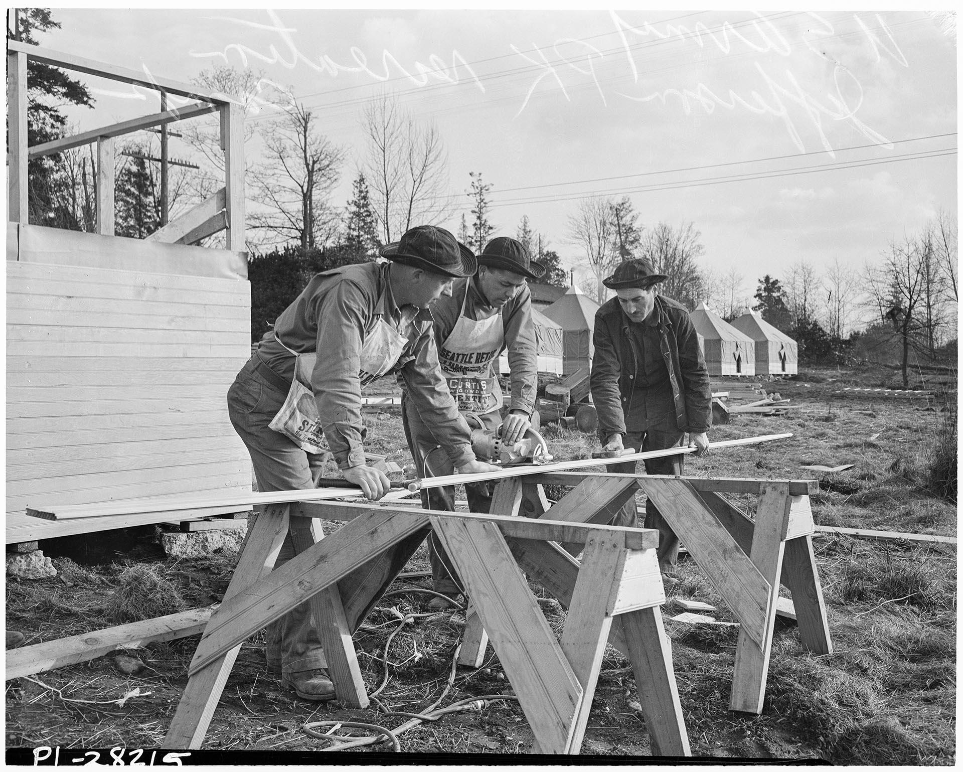 Image of Servicemen building cabins at Jefferson Park, Seattle, March 1942