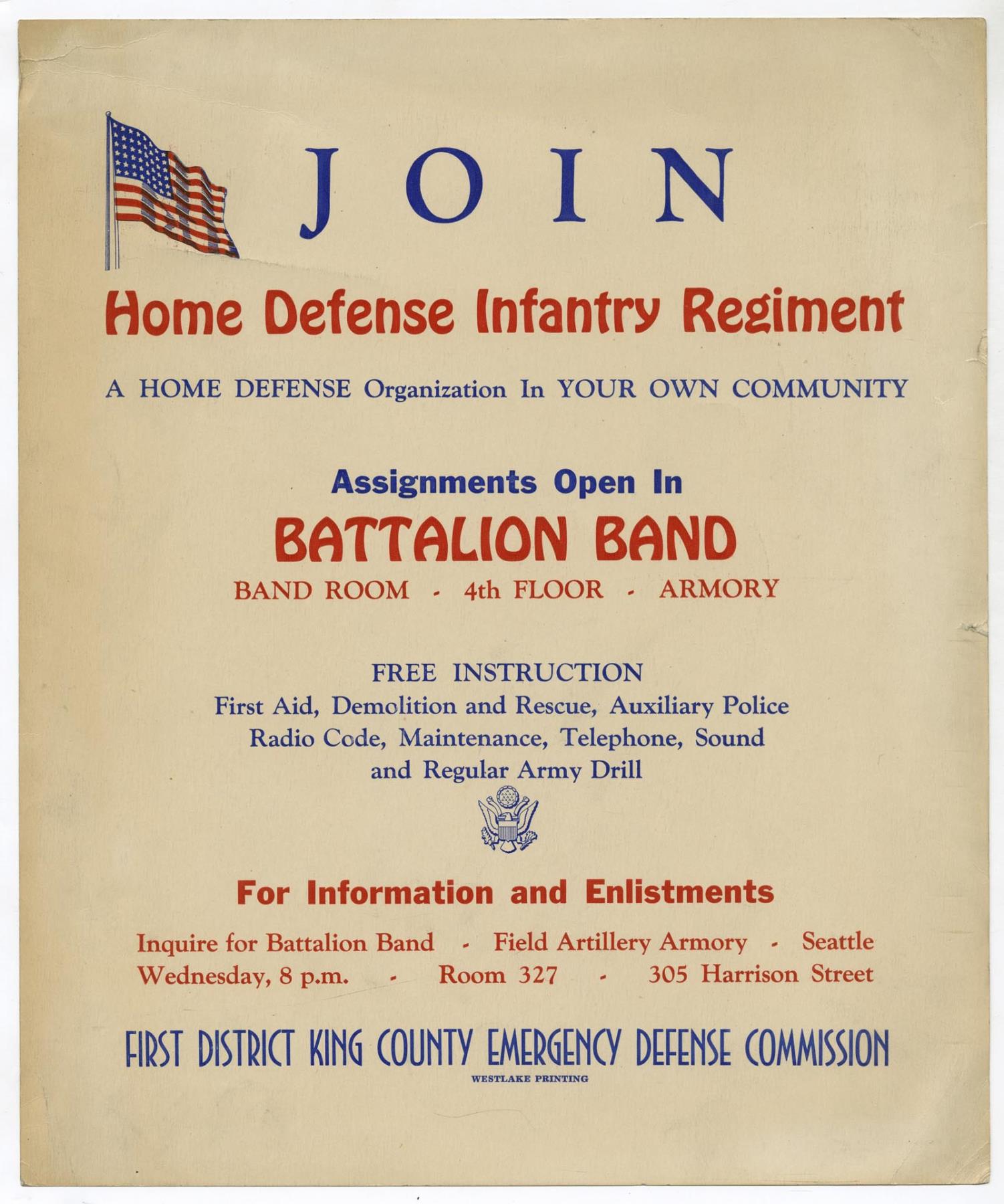 Image of Home Defense Infantry Regiment recruitment poster, Seattle, 1941
