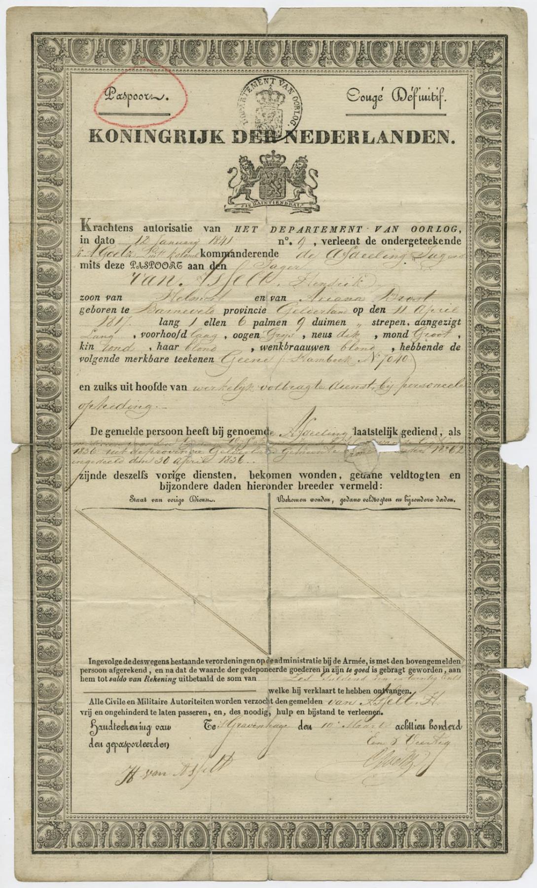 Image of Henry Van Asselt's military passport, January 12, 1841