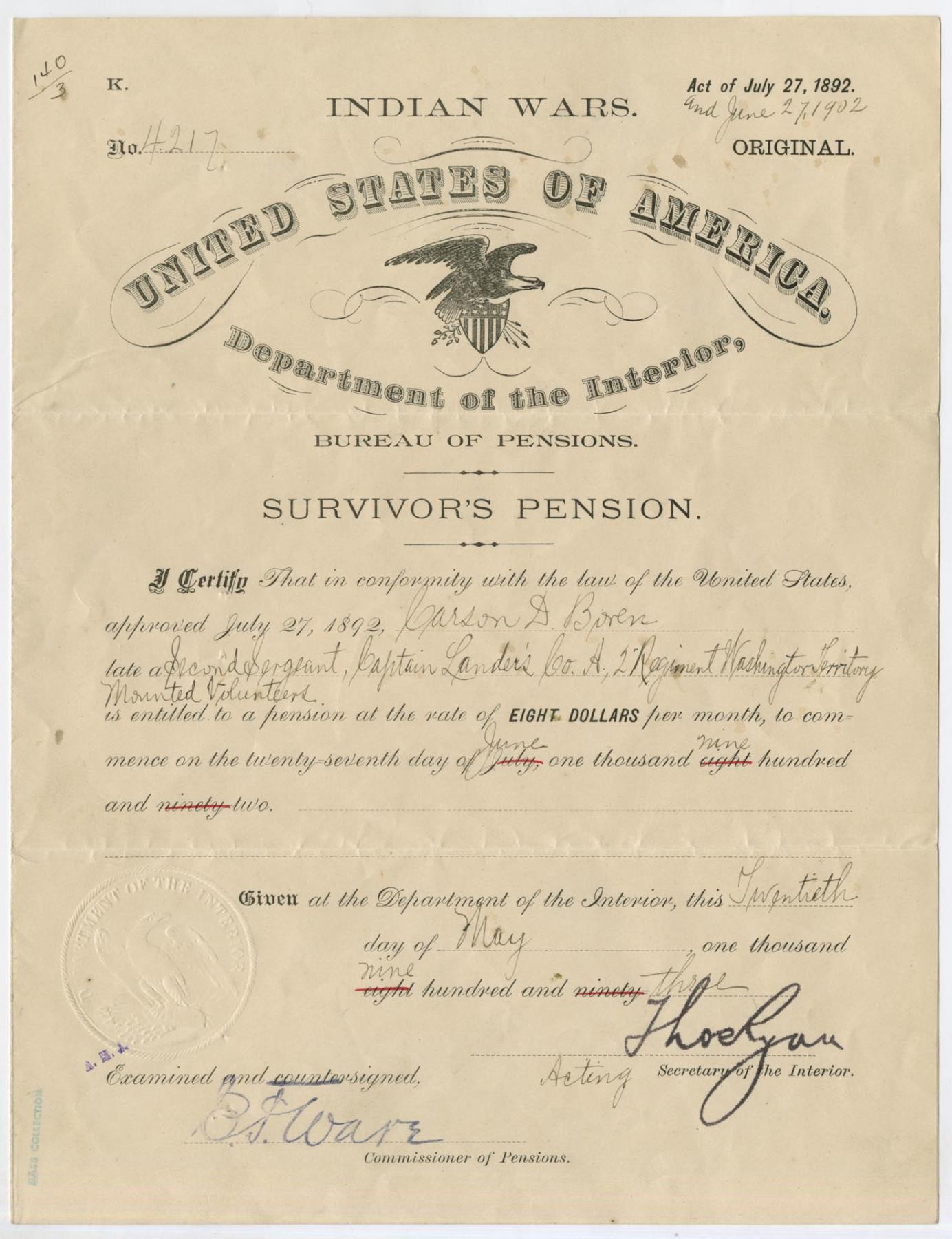 Image of Survivor's Pension Certificate issued to Carson D. Boren, May 20, 1903
