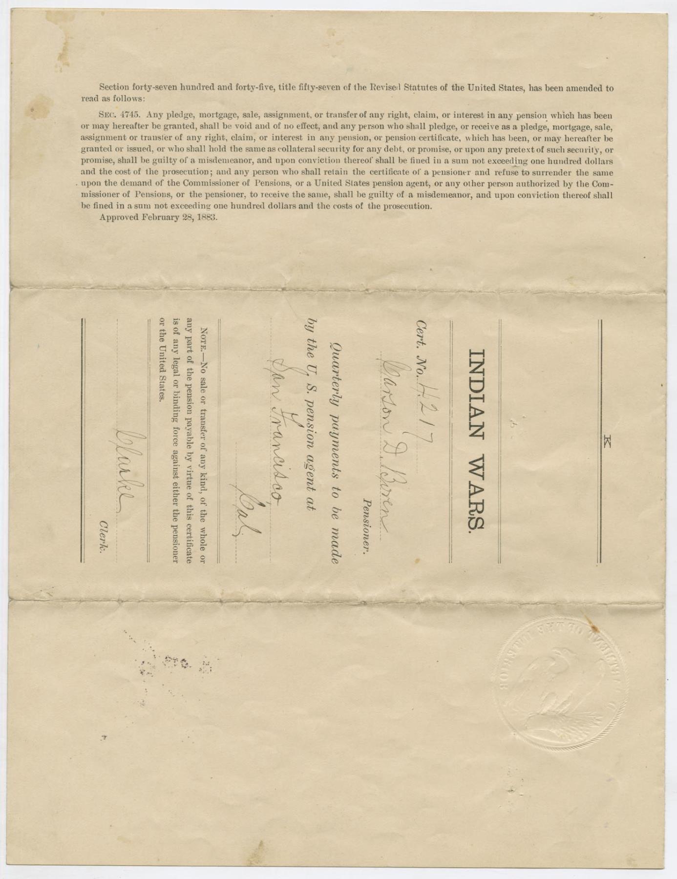 Image of Survivor's Pension Certificate issued to Carson D. Boren, May 20, 1903