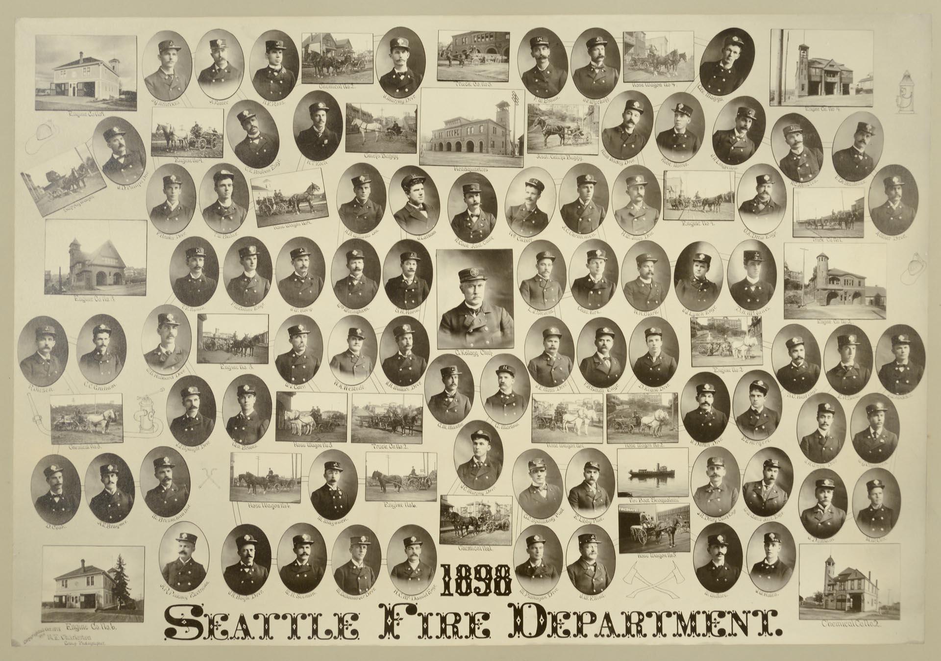 Image of Seattle Fire Department employees, wagons, and engine houses, 1898