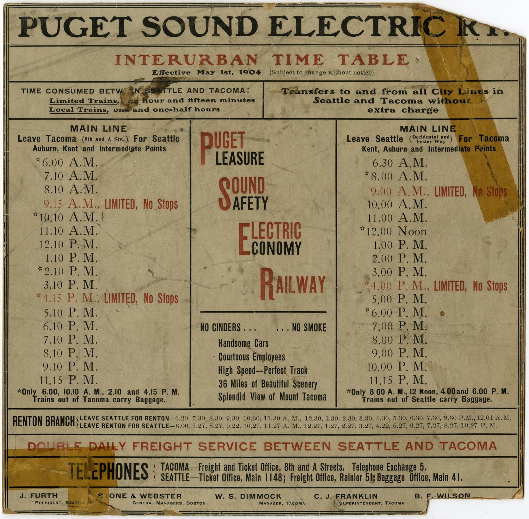 Image of Puget Sound Electric Railway time table, 1904
