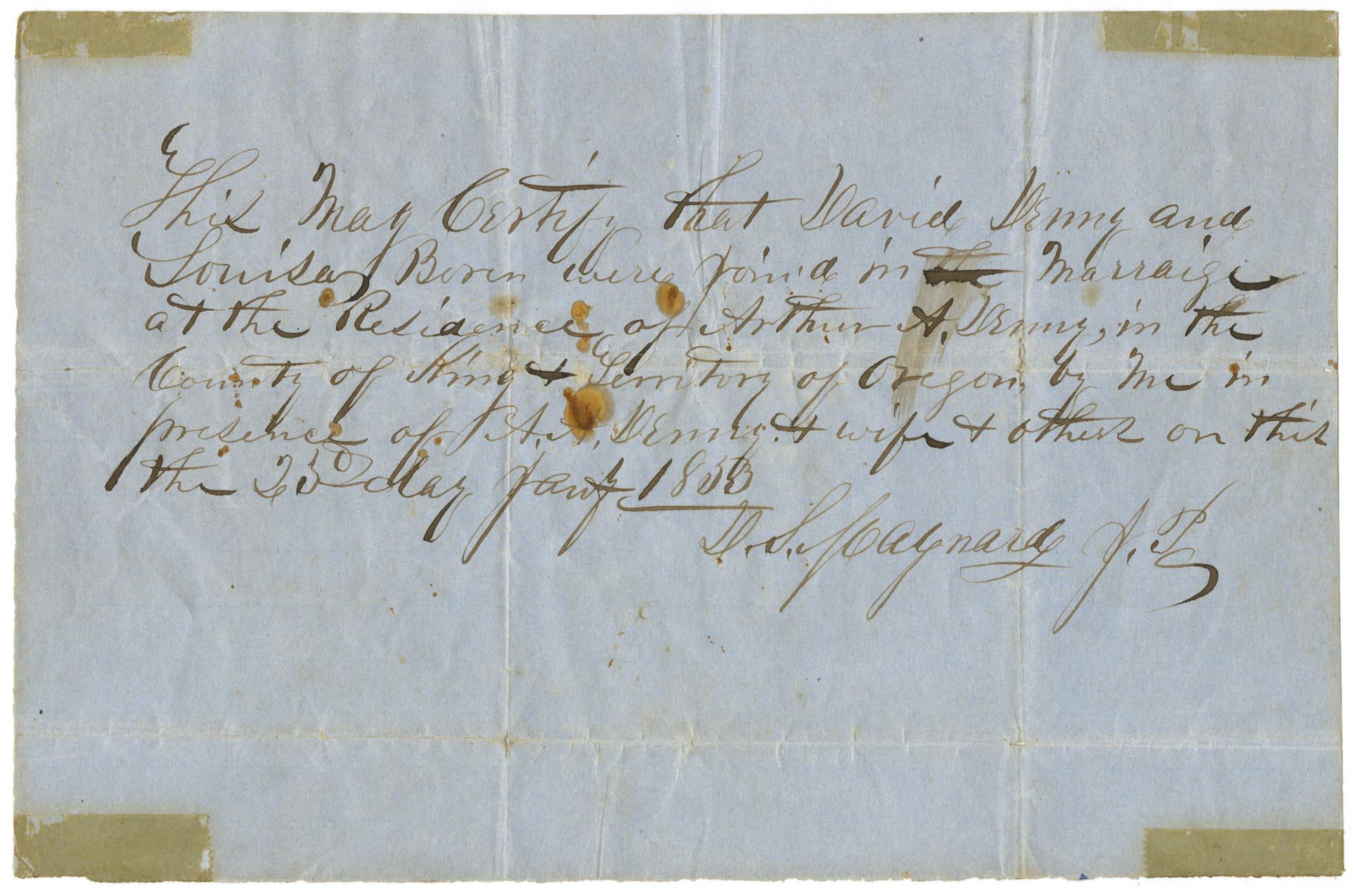 Image of Marriage certificate for David Denny and Louisa Boren, January 23, 1853